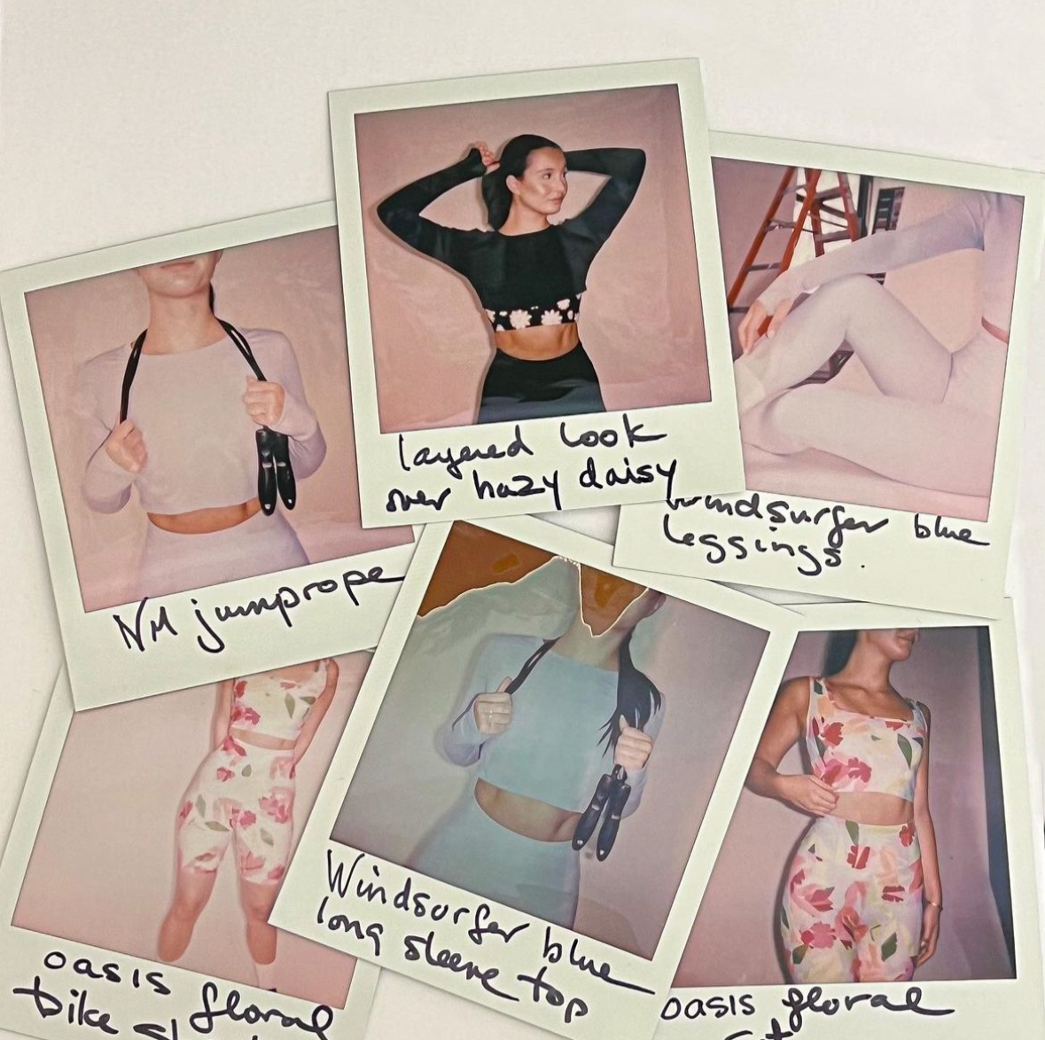 Collection of fashion Polaroid photos featuring women in various clothing, with handwritten notes.