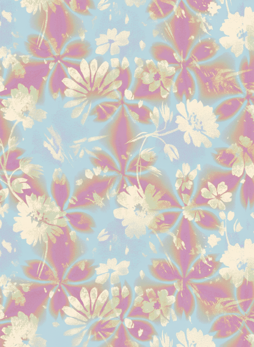 Pastel floral pattern with white, pink, purple, and yellow flowers on a light blue background.