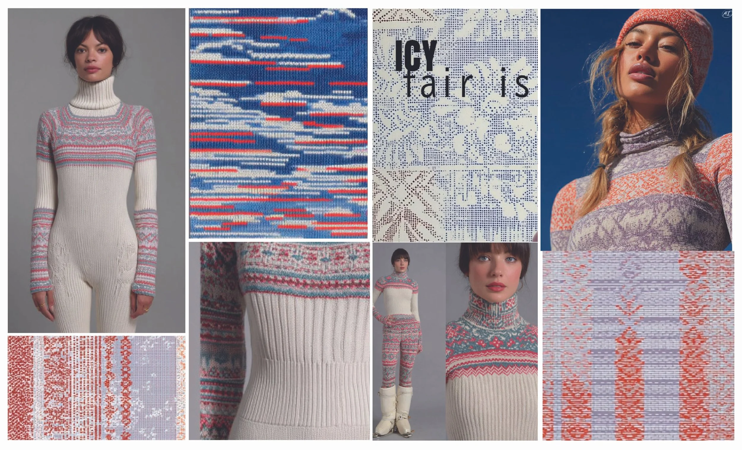Collage of winter fashion featuring a woman in a patterned sweater and pants, close-up of knitting patterns, and text that reads 'Icy Tarris'.