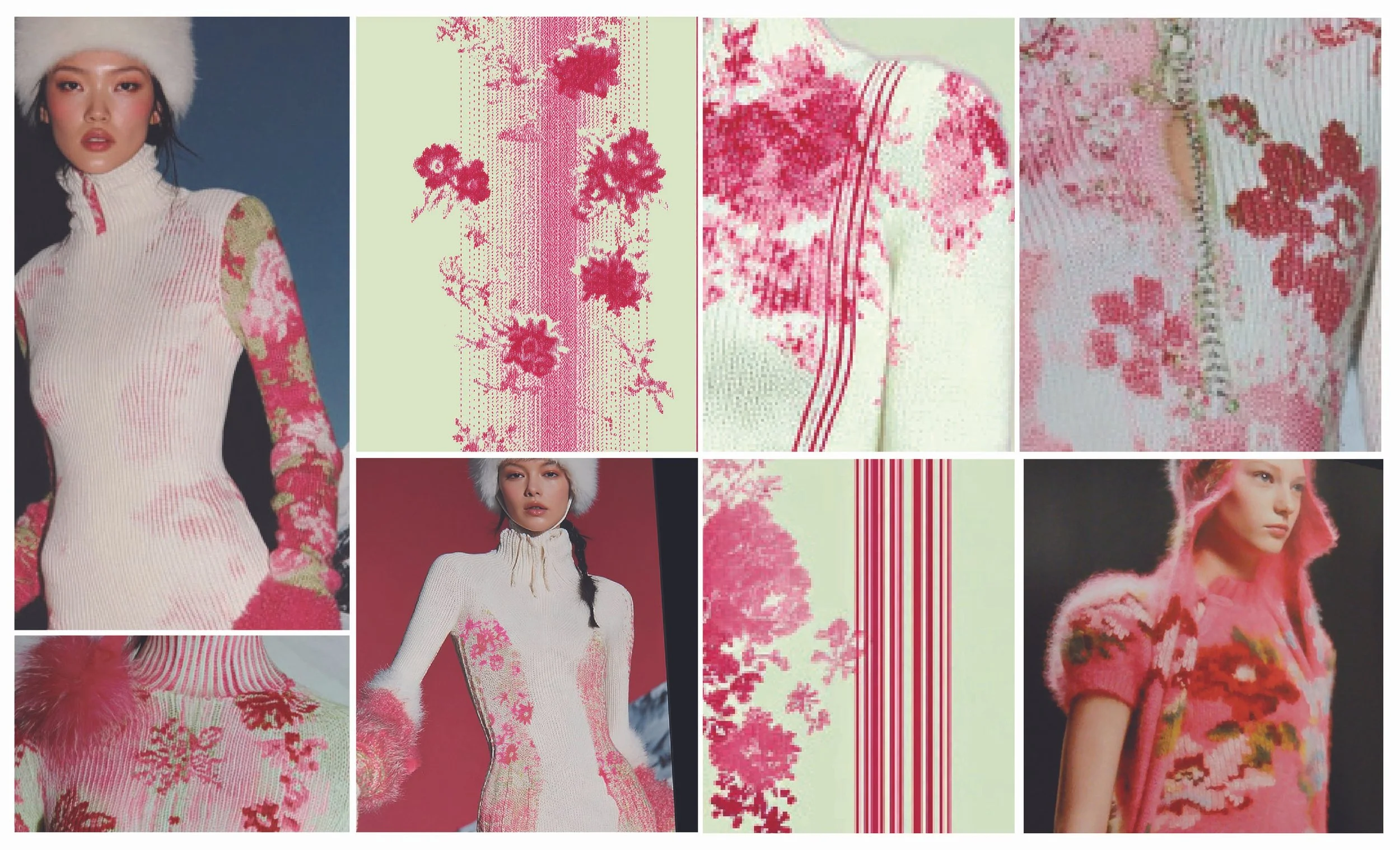 Collage of fashion photos featuring models in knitwear with floral and striped patterns, including close-ups of fabric details, and models wearing sweaters with a pink and white color scheme and fur accessories.