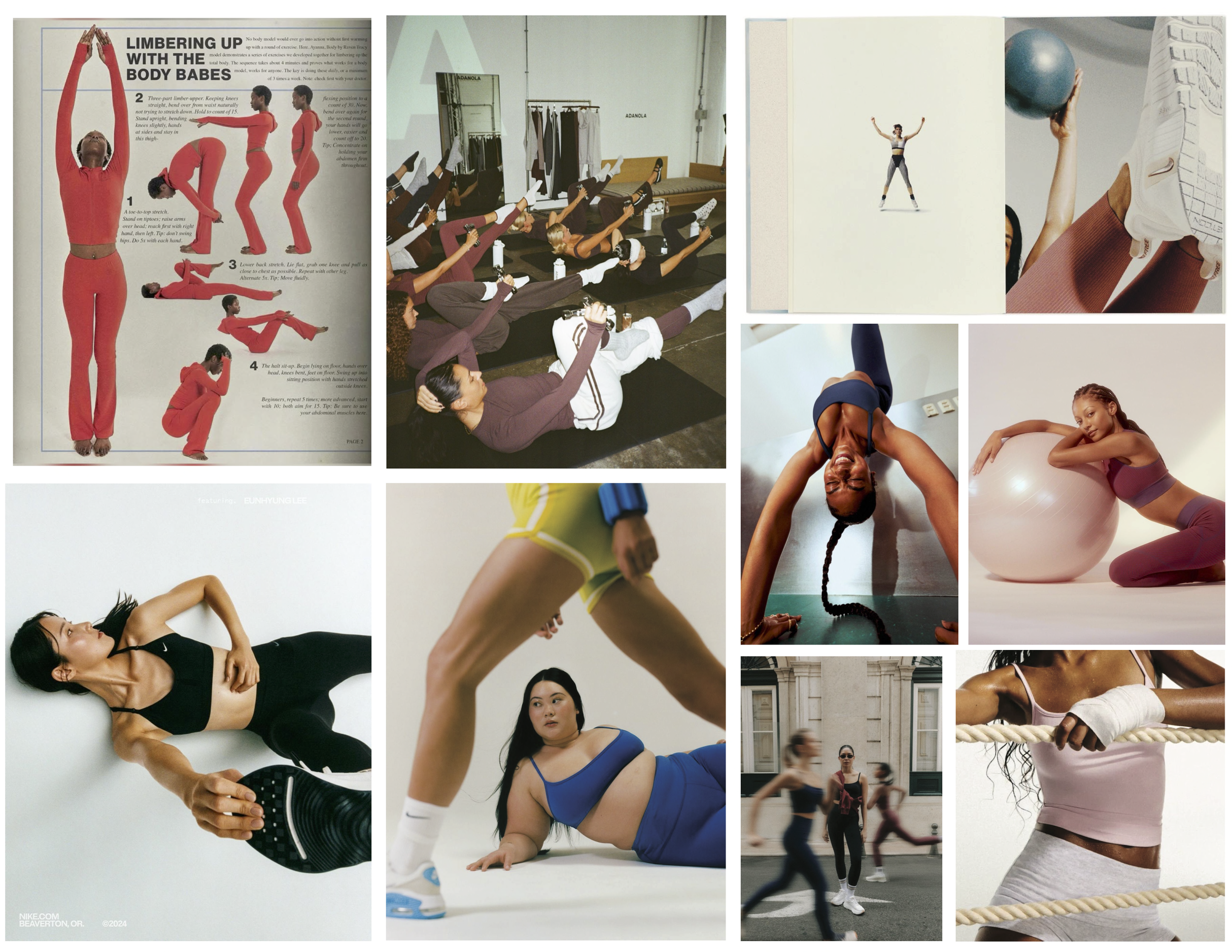 Collage of women engaging in various fitness activities, including stretching, weightlifting, yoga, aerobics, and exercising with stability balls, resistance ropes, and running.
