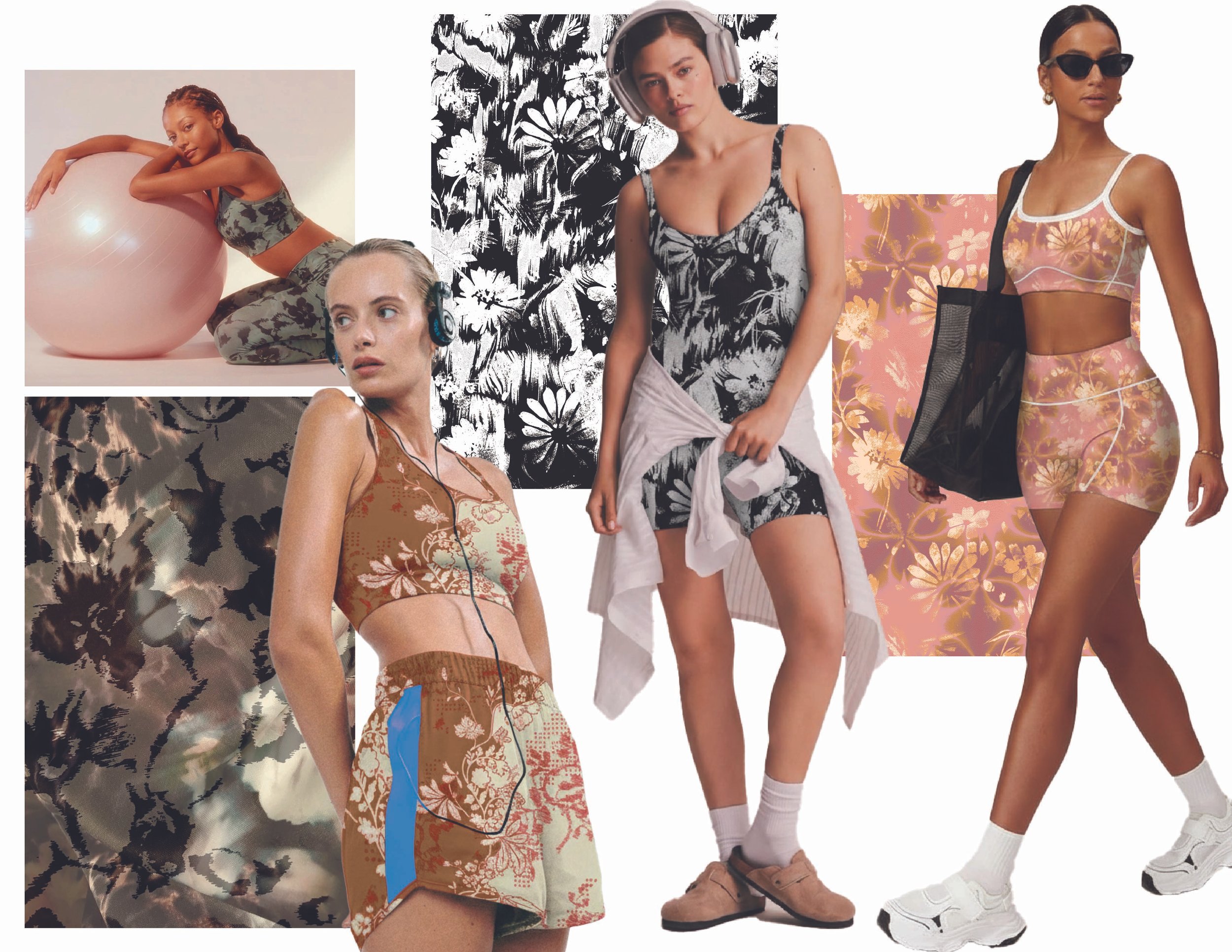 Collage of women modeling fashion outfits and accessories, including sports bras, shorts, a dress, swimsuits, and products with floral patterns, against colorful patterned backgrounds.