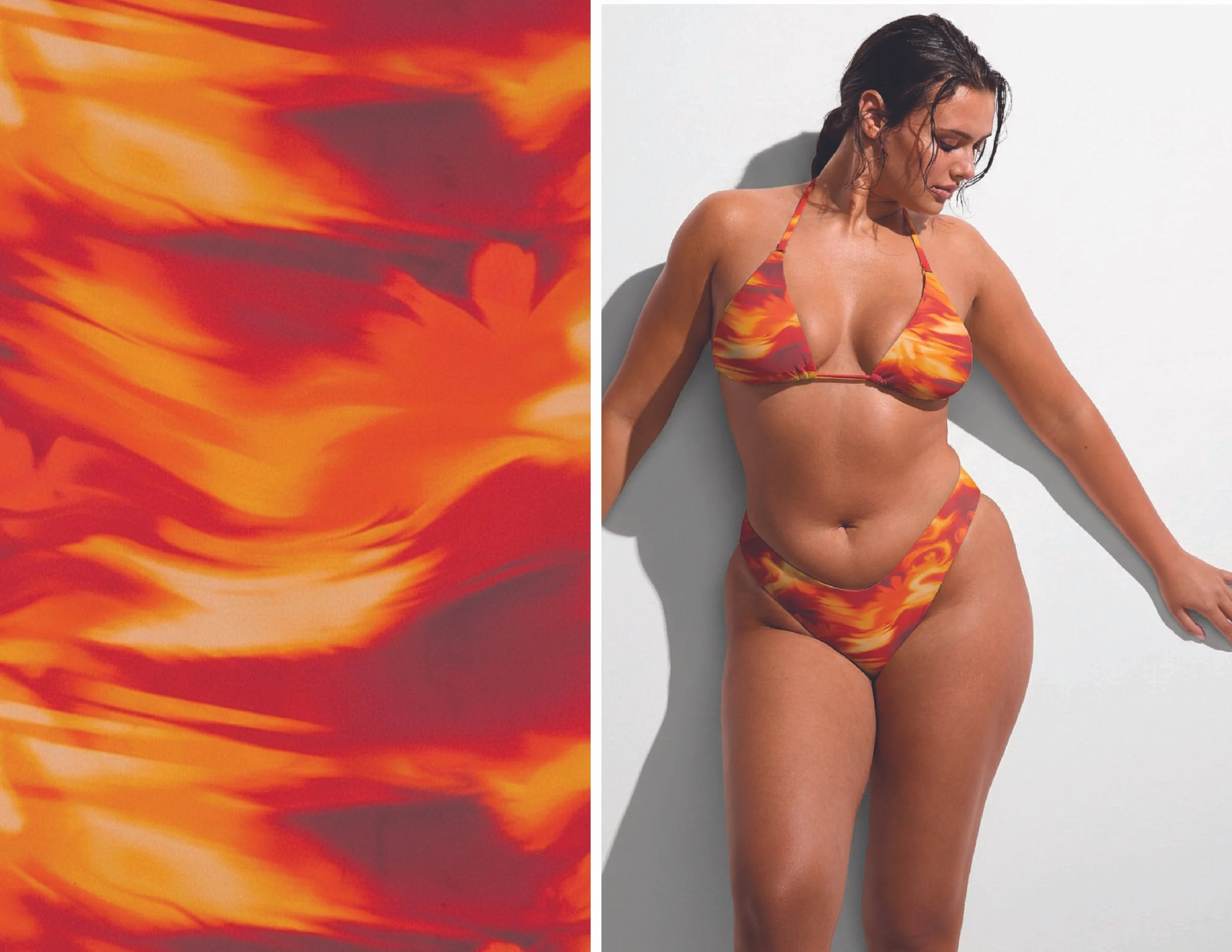 Split image with abstract fiery orange and yellow pattern on the left, and a woman in a matching bikini with the same fiery pattern on the right, posing against a white background.