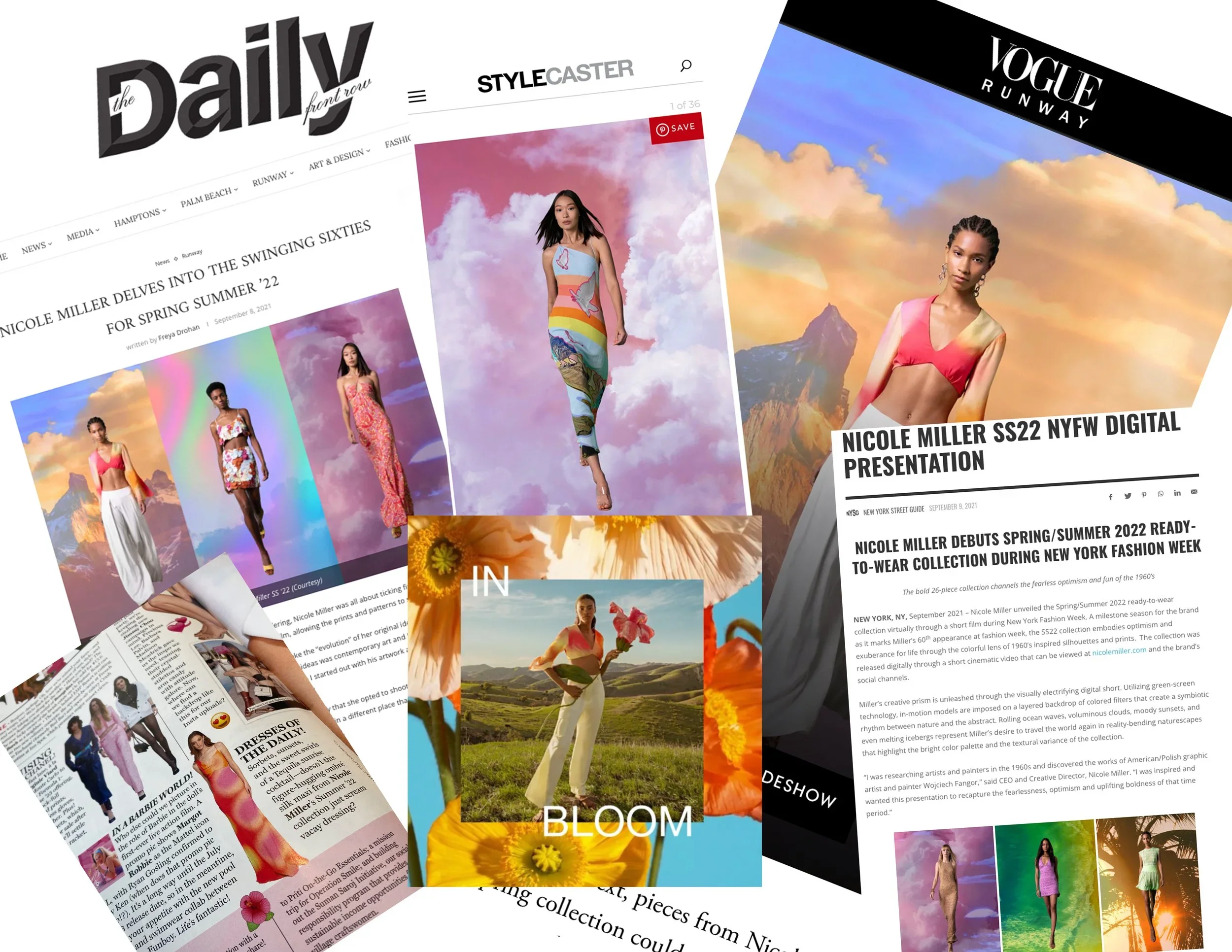 Collage of digital magazine pages featuring models in colorful spring and summer fashion collections, including articles and presentations by designer Nicole Miller.