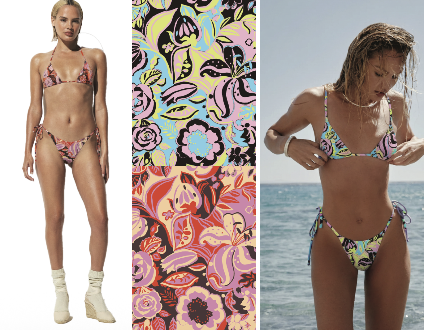 A woman in a colorful, patterned bikini standing against a plain white background, and another woman in a similar bikini on a beach with ocean in the background, with floral-patterned fabric in between.