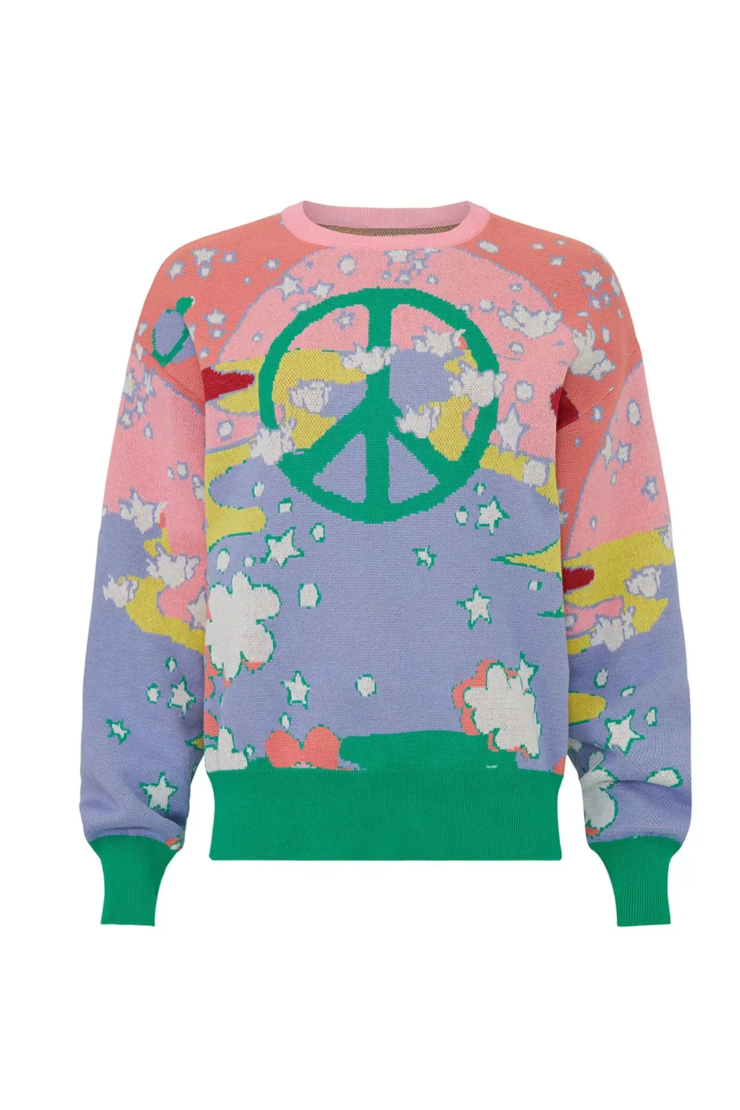 Colorful sweater with a peace sign, stars, clouds, and abstract designs in pastel pink, purple, yellow, green, and red.