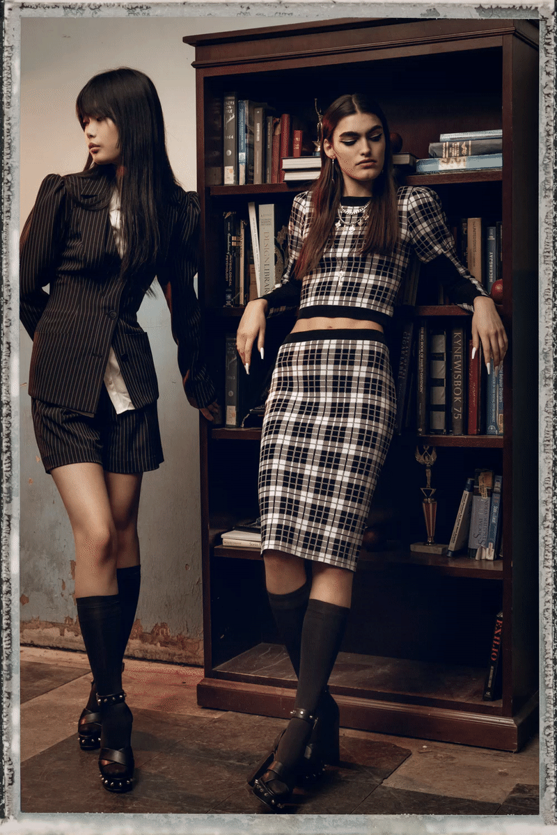 Two young women standing in front of a bookshelf, one with long dark hair wearing a pinstripe blazer and shorts, and the other with long brown hair wearing a plaid crop top and skirt, in an indoor setting.