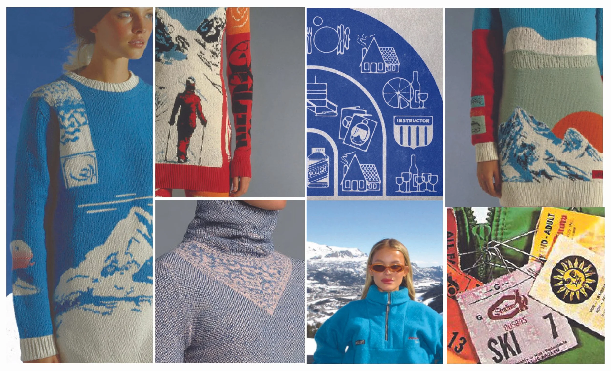 Collage of winter and outdoor sports clothing and accessories, including sweaters with mountain and nature designs, a patterned turtleneck, a fjord landscape, ski passes, and an outdoor mountain scene.