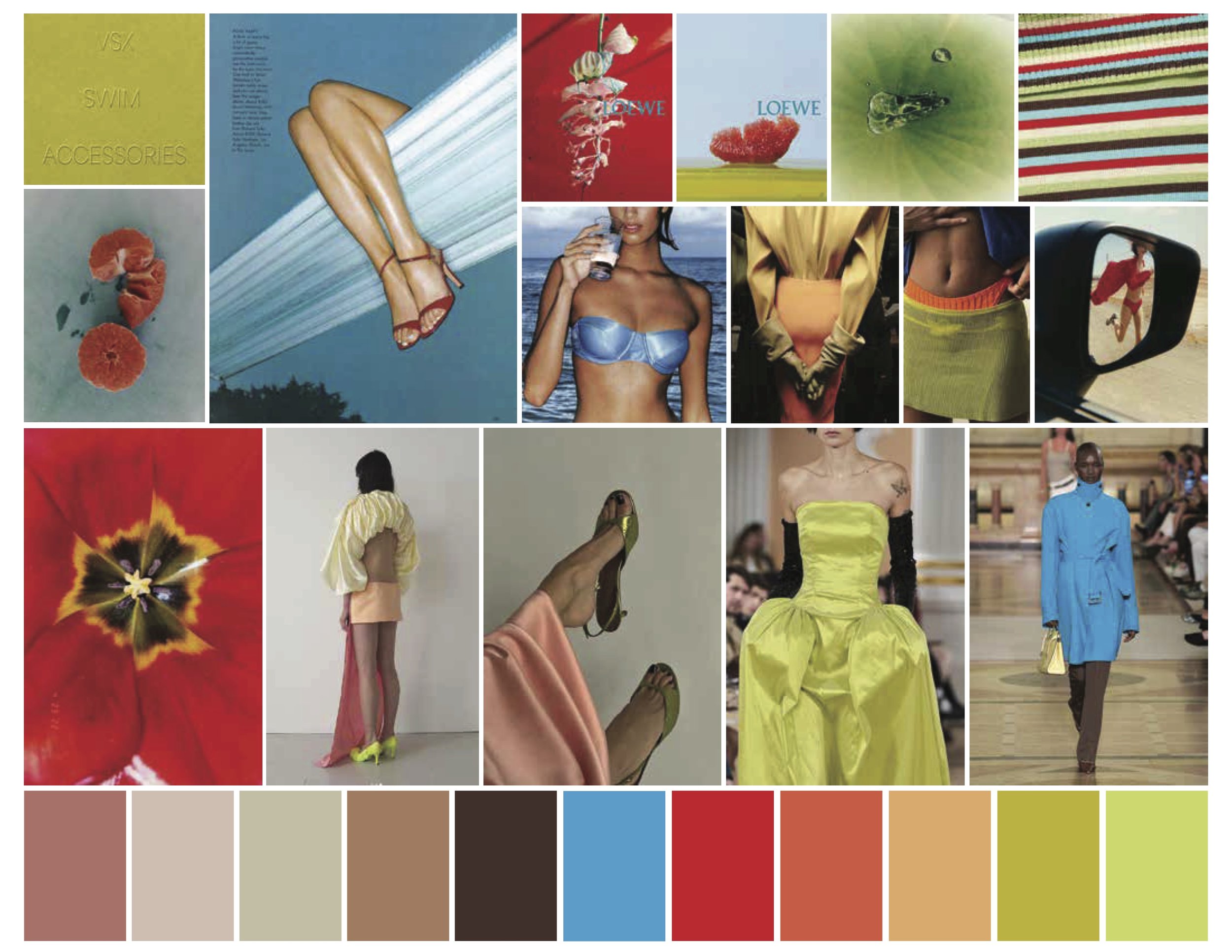 A collage of fashion-related images with a color palette at the bottom. The collage includes photos of models wearing colorful outfits, close-ups of flowers, accessories, and a side mirror reflection of a person in red shorts and a top, with vibrant,