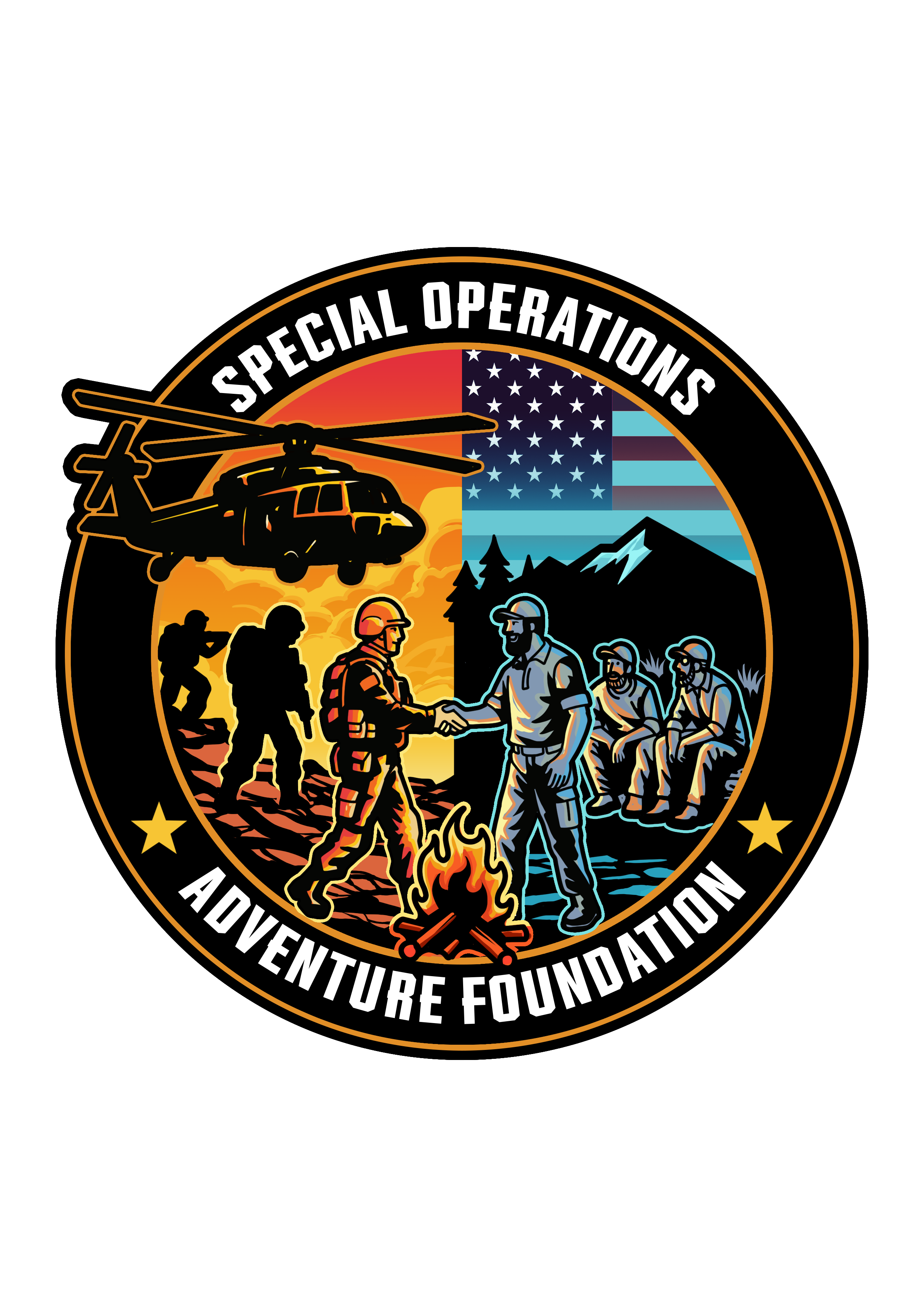 Special Operations Adventure Exchange logo featuring a helicopter, soldiers, a campfire, mountains, trees, and an American flag with the text "Special Operations Adventure Exchange"