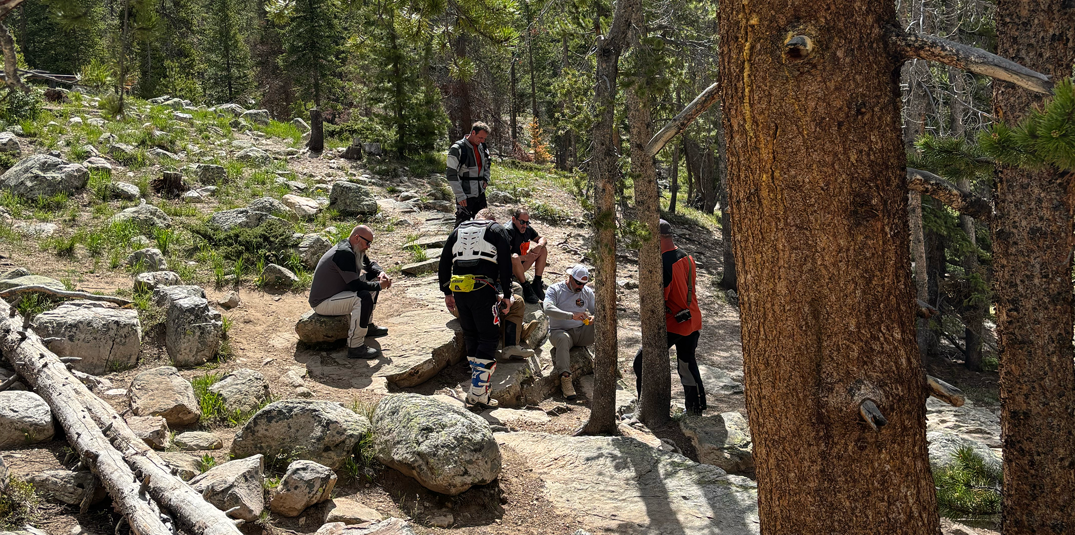 A group of six men gathered in a forest clearing, some sitting on rocks and others standing, surrounded by trees and rocks, with sunlight filtering through the branches.