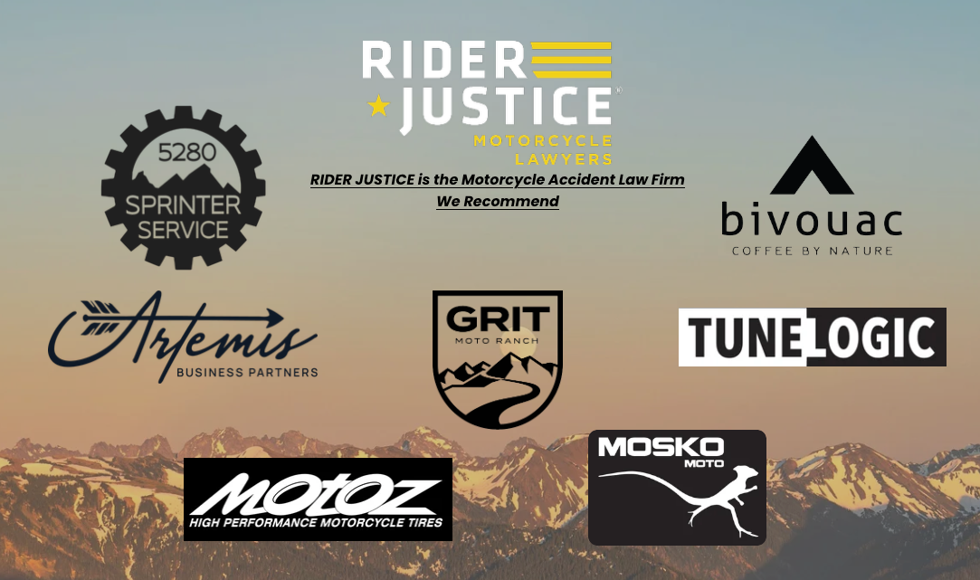 Collection of motorcycle-related business logos against mountain landscape background, including Rider Justice, Bivouac, Grit Moto Ranch, TuneLogic, MOSKO Moto, MOTOZ, Artemis, and Sprinter Service.