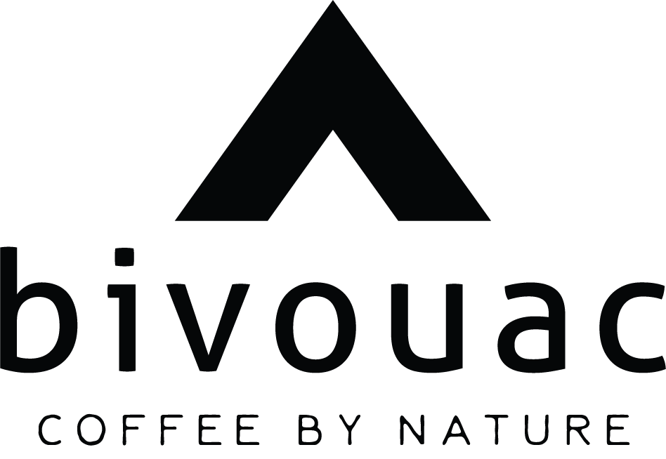 Black logo with a stylized mountain and the text "bivouac" below it, followed by "Coffee by Nature".