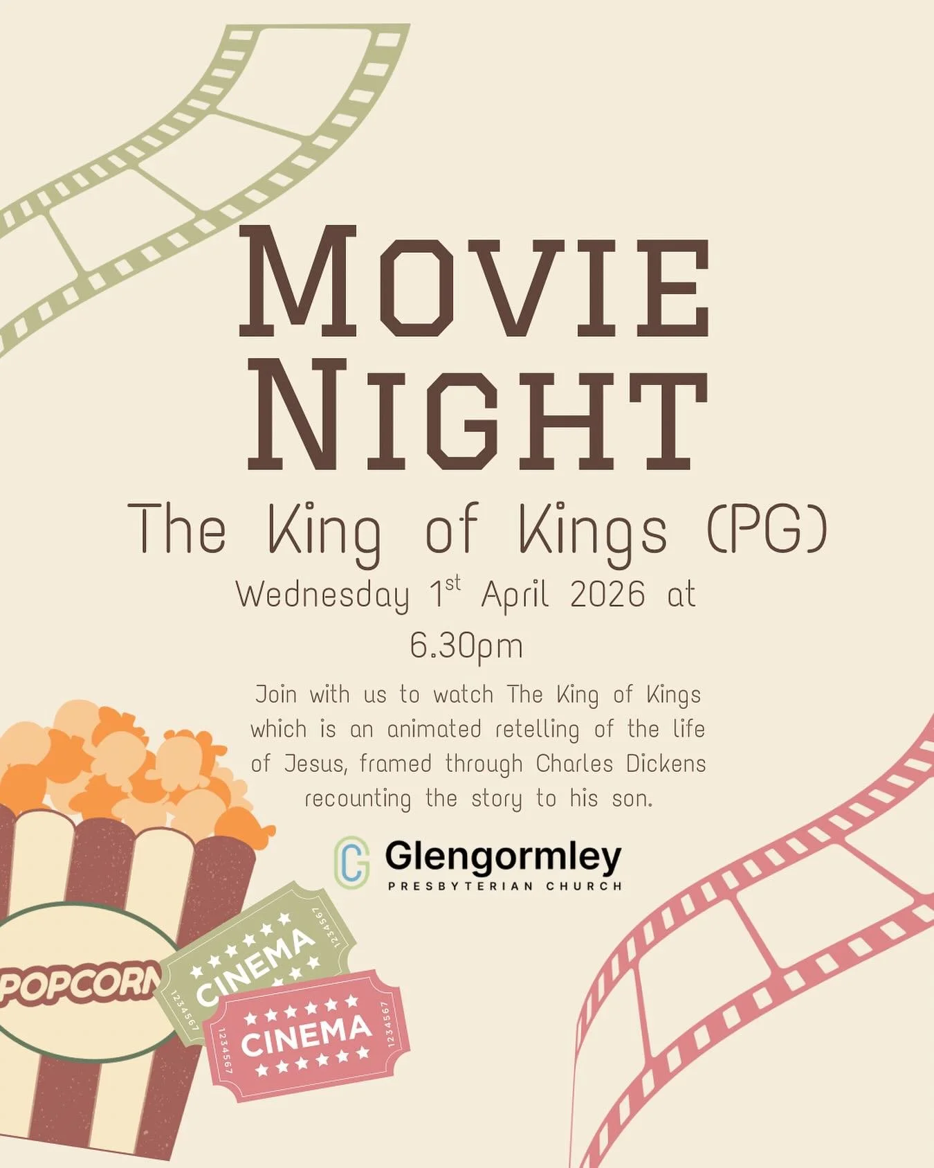 We are kicking off our Easter events with a family movie night to watch &lsquo;The King of Kings&rsquo;. 

We would love you to join us
🗓️ 1st April 
⏰ 6.30pm
📍Glengormley Presbyterian Church

Everyone welcome!