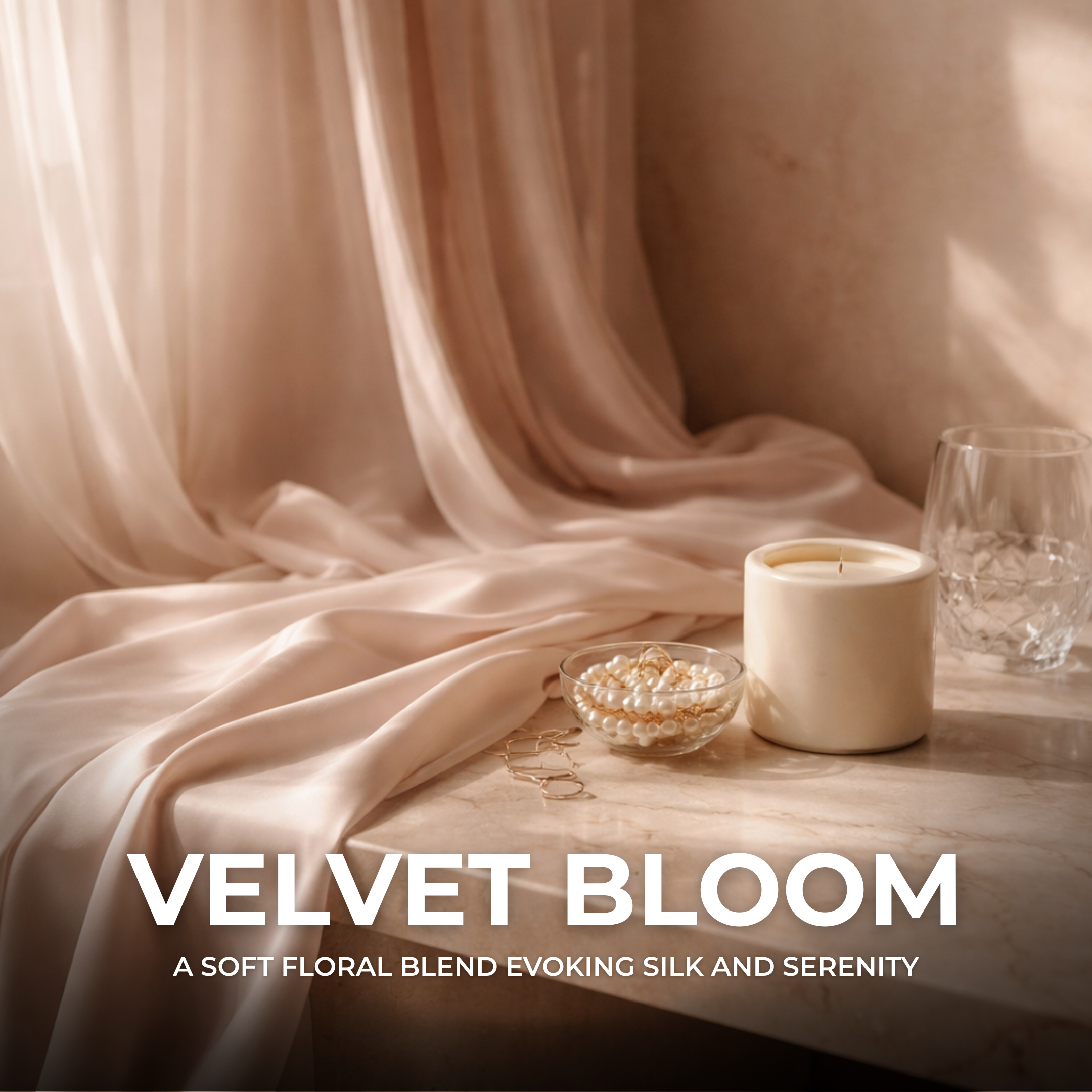 A silk fabric draped on a marble surface with a white candle, a glass of water, and a bowl of pearls, in front of beige curtains.