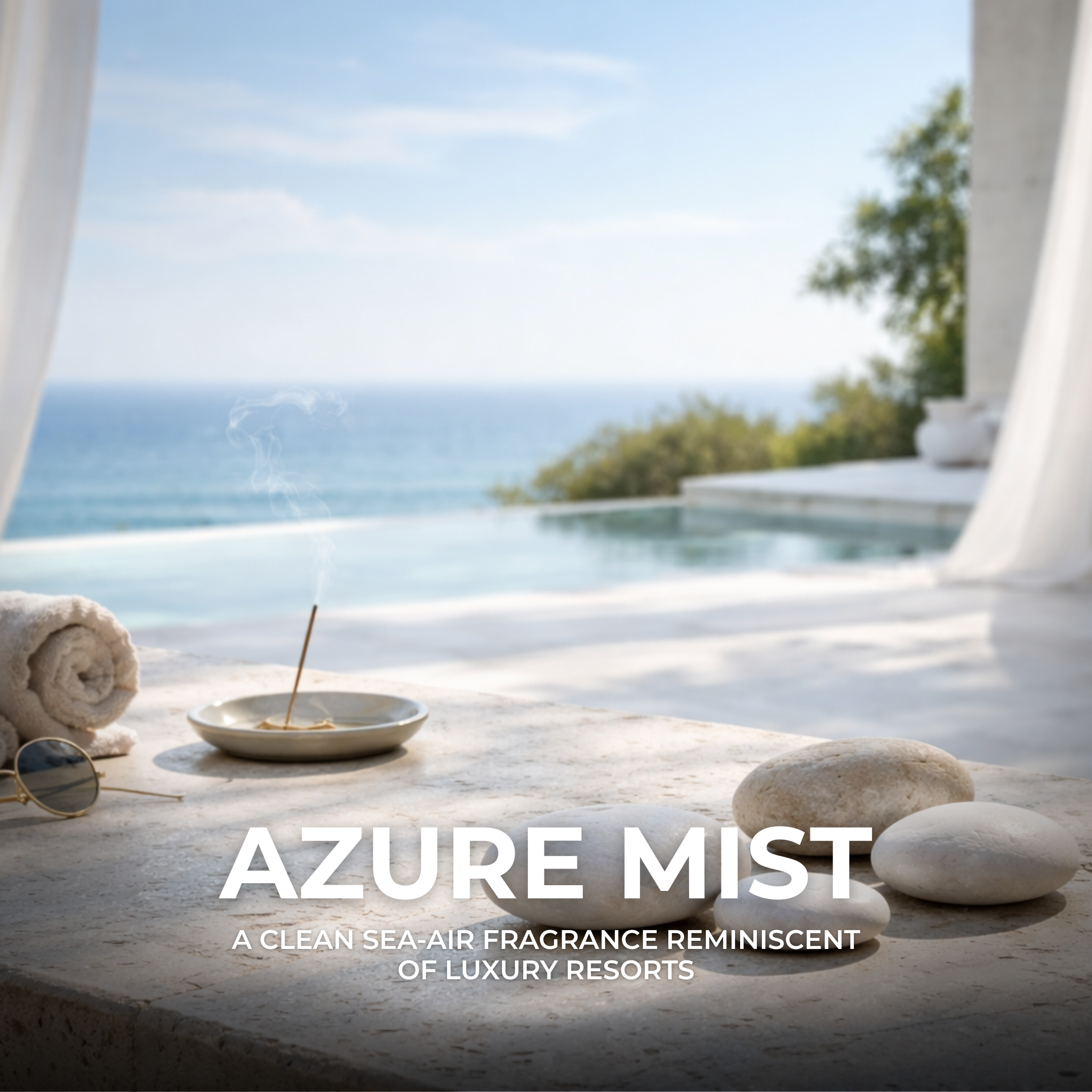 A seaside scene with a burning incense stick, folded towel, stones, and sunglasses on a marble surface overlooking the ocean and sky.
