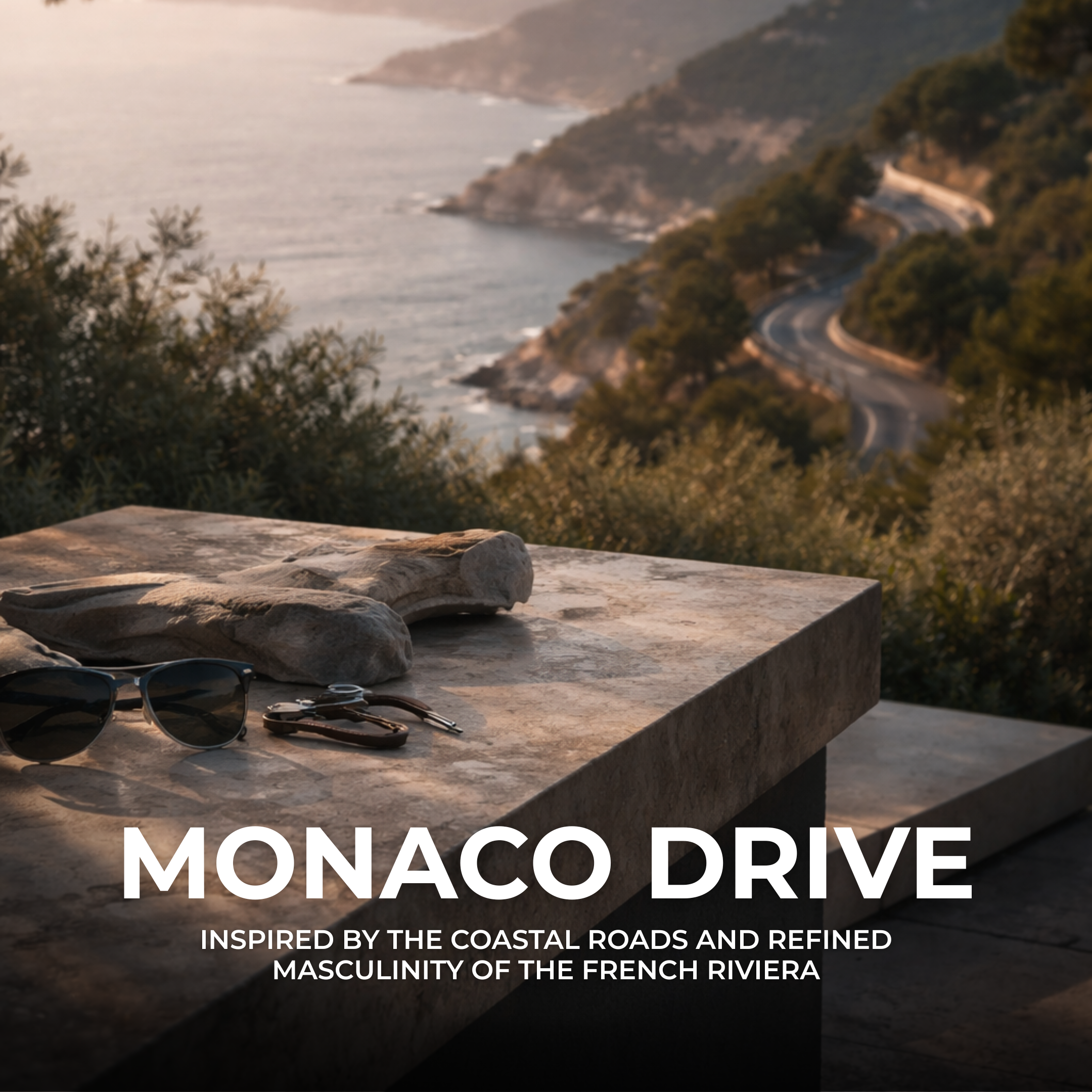 A still from a promotional image showing a stone table with sunglasses, a watch, and a piece of driftwood; overlooking a winding coastal road along the French Riviera at sunset.