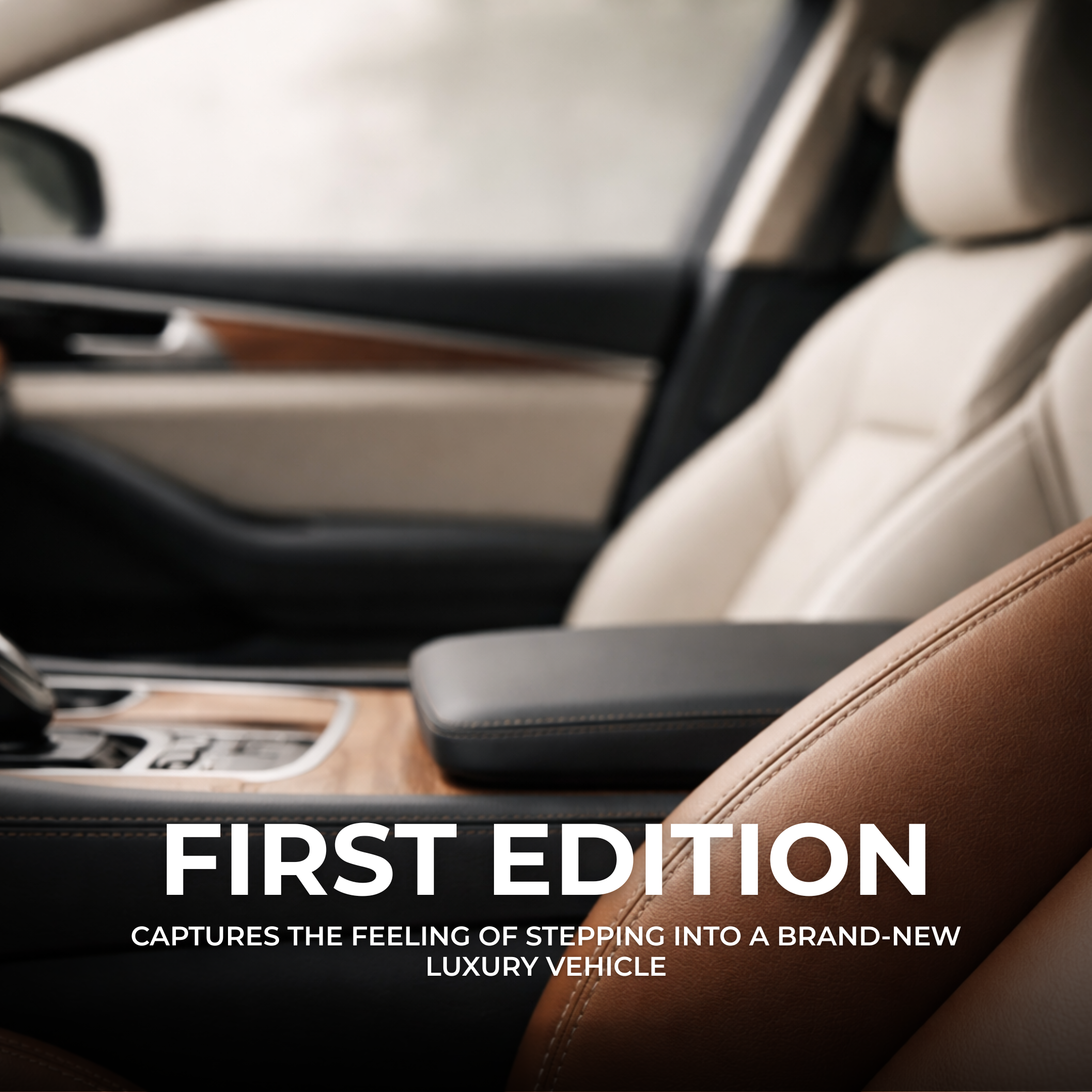 Close-up of the interior of a luxury vehicle, featuring beige leather seats, a black armrest, and woodgrain accents.