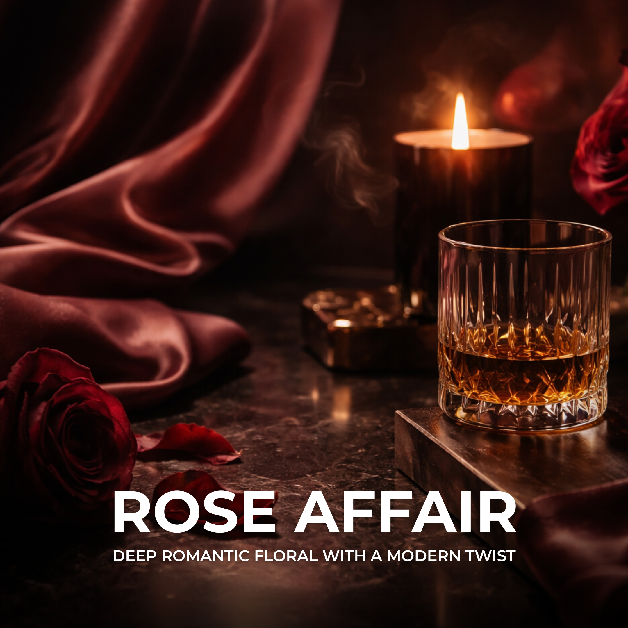 A romantic scene with a lit candle, a glass of whiskey, red roses, and a pink satin fabric on a dark table.