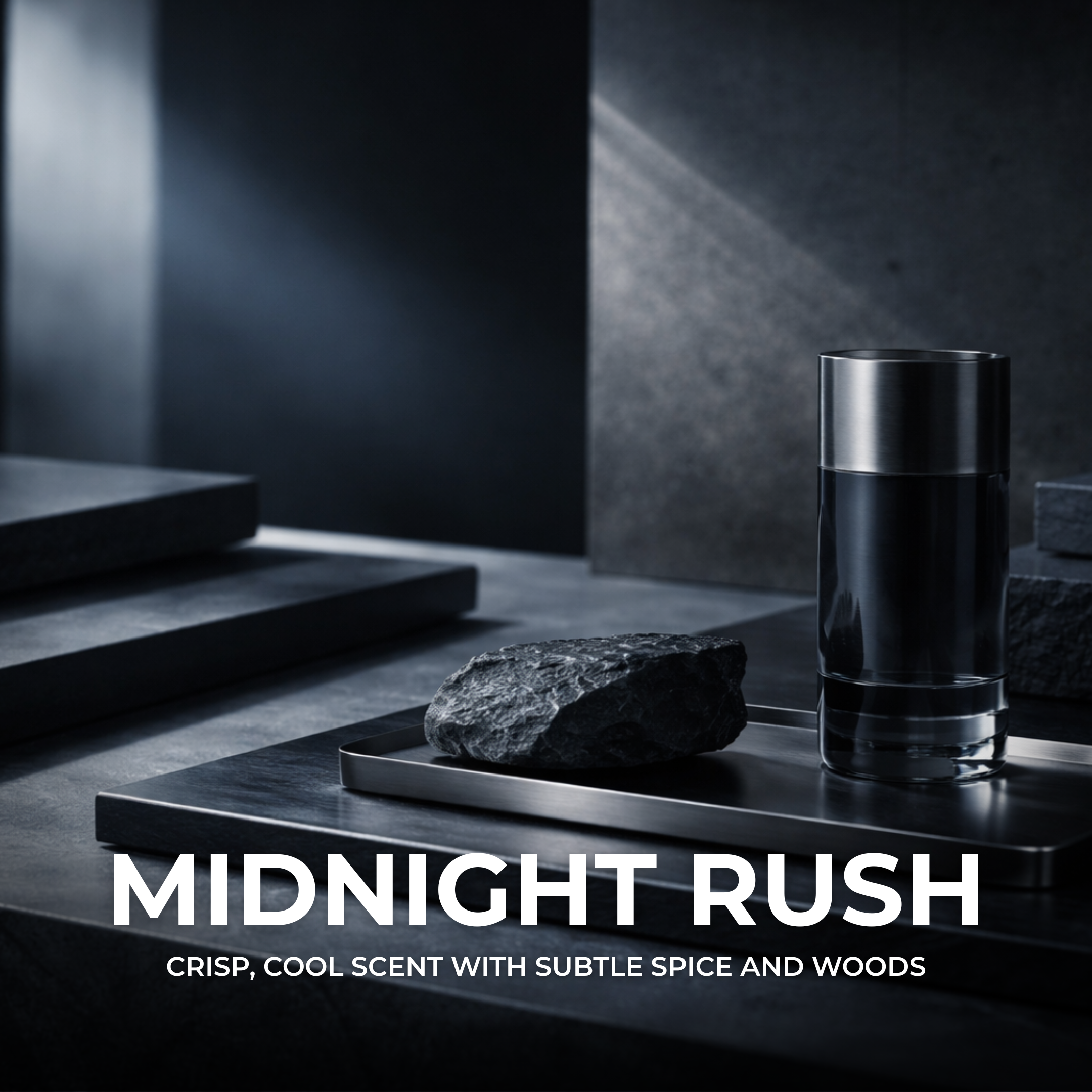 A dark, minimalist scene with a metal tray holding a piece of charcoal and a black, sleek container. The background features dark textured surfaces with subtle lighting. Text overlay reads "Midnight Rush" and "Crisp, cool scent with subtle spice and woods."