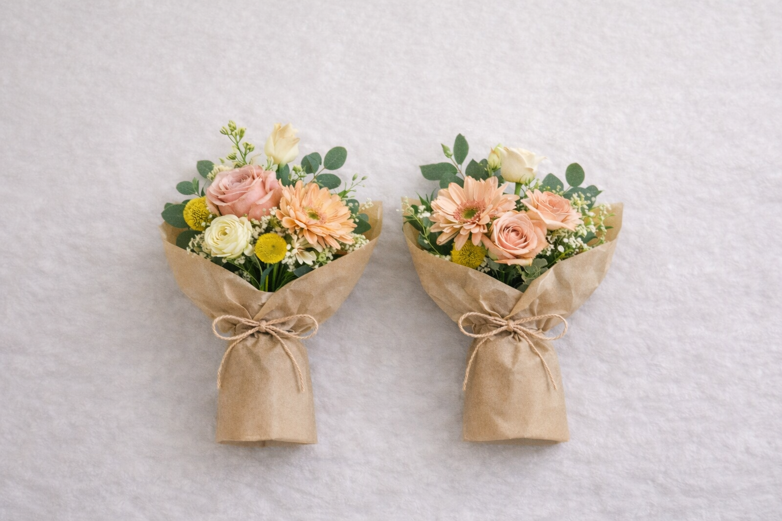 Two small bouquets of pink and white flowers wrapped in brown paper and tied with twine, set against a white background.