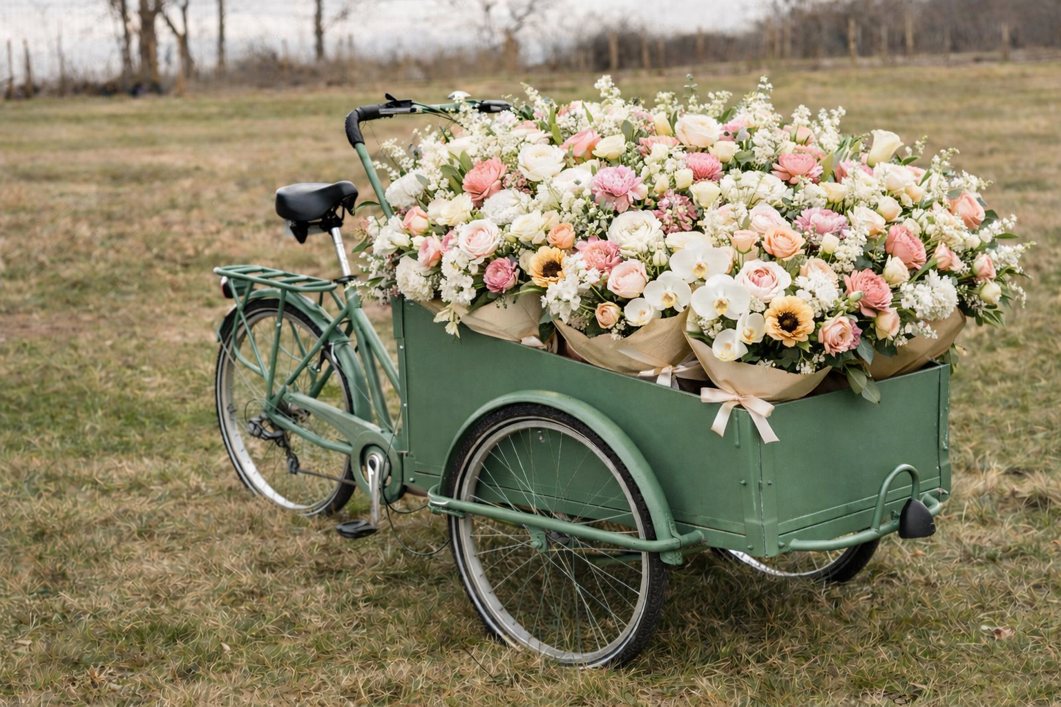A bike cart filled with pink, white, and peach flowers on an open grassy field with trees in the background.