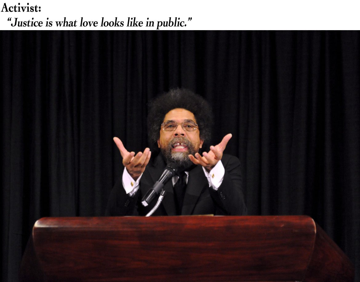 Dr. Cornel West speaking passionately at a podium with a microphone, gesturing with both hands, in front of a black curtain.