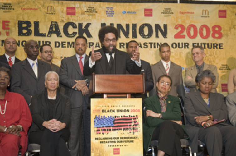 A group of people on stage at a conference or rally, with Dr. Cornel West speaking at a podium. The backdrop reads 'Black Union 2008' with the subtitle 'Reclaiming Our Democracy, Regaining Our Future