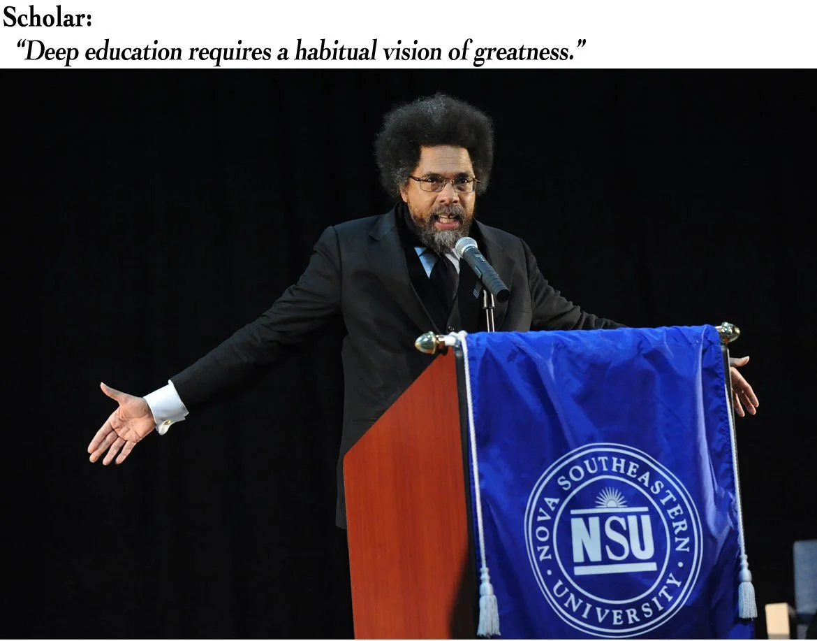 Dr. Cornel West is speaking at a podium with a blue NCR flag from Nova Southeastern University. He is gesturing with his arms extended and has a passionate expression.