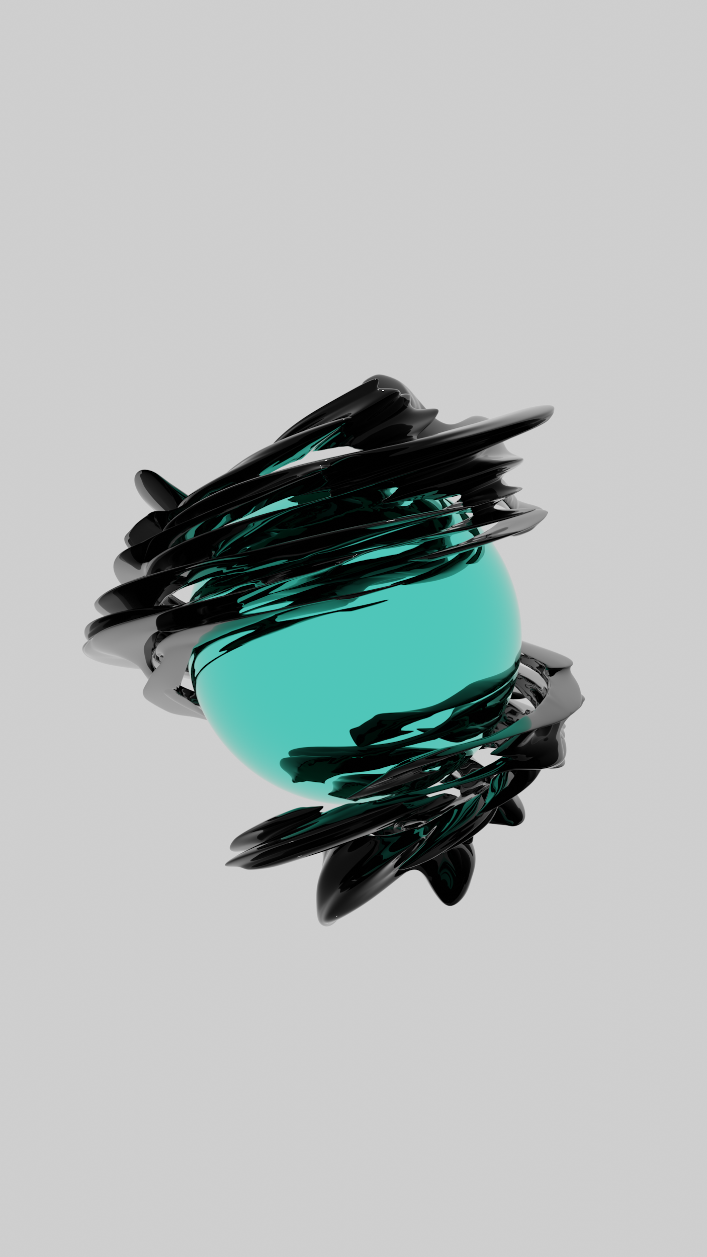 A digital abstract artwork featuring a glowing turquoise sphere surrounded by dynamic, glossy black streaks against a light gray background.