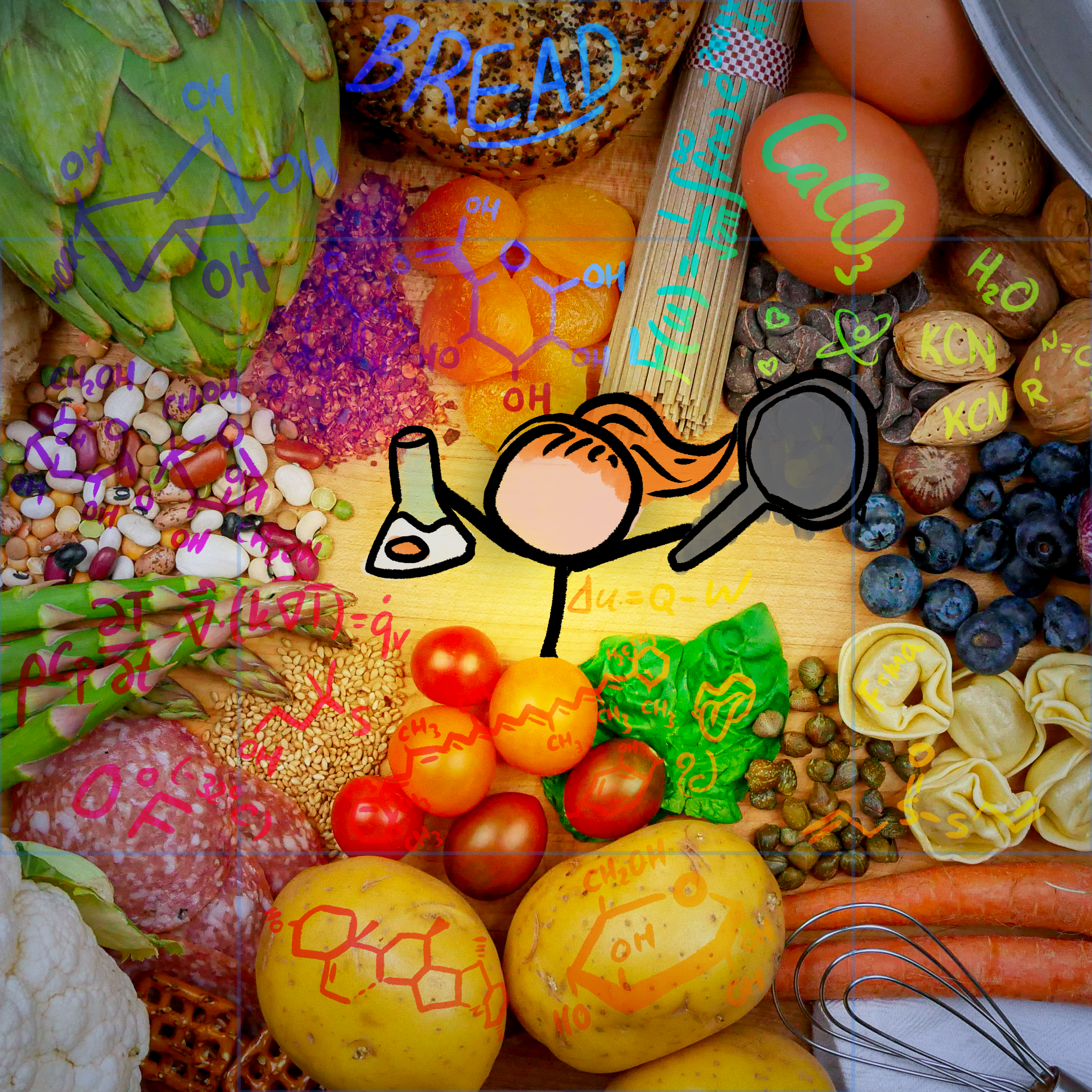 Kate standing amidst a bunch of foods and chemical formulas