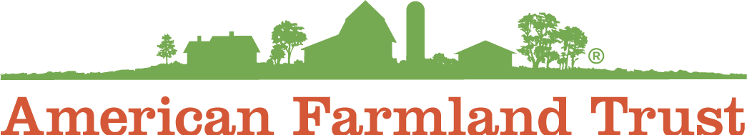 Green silhouette of a rural farm landscape with trees and buildings, and the text 'American Farmland Trust' in bold red letters.