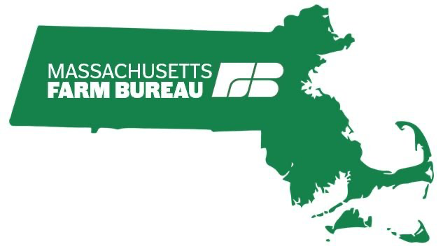 Green map of Massachusetts with the Massachusetts Farm Bureau logo and text.