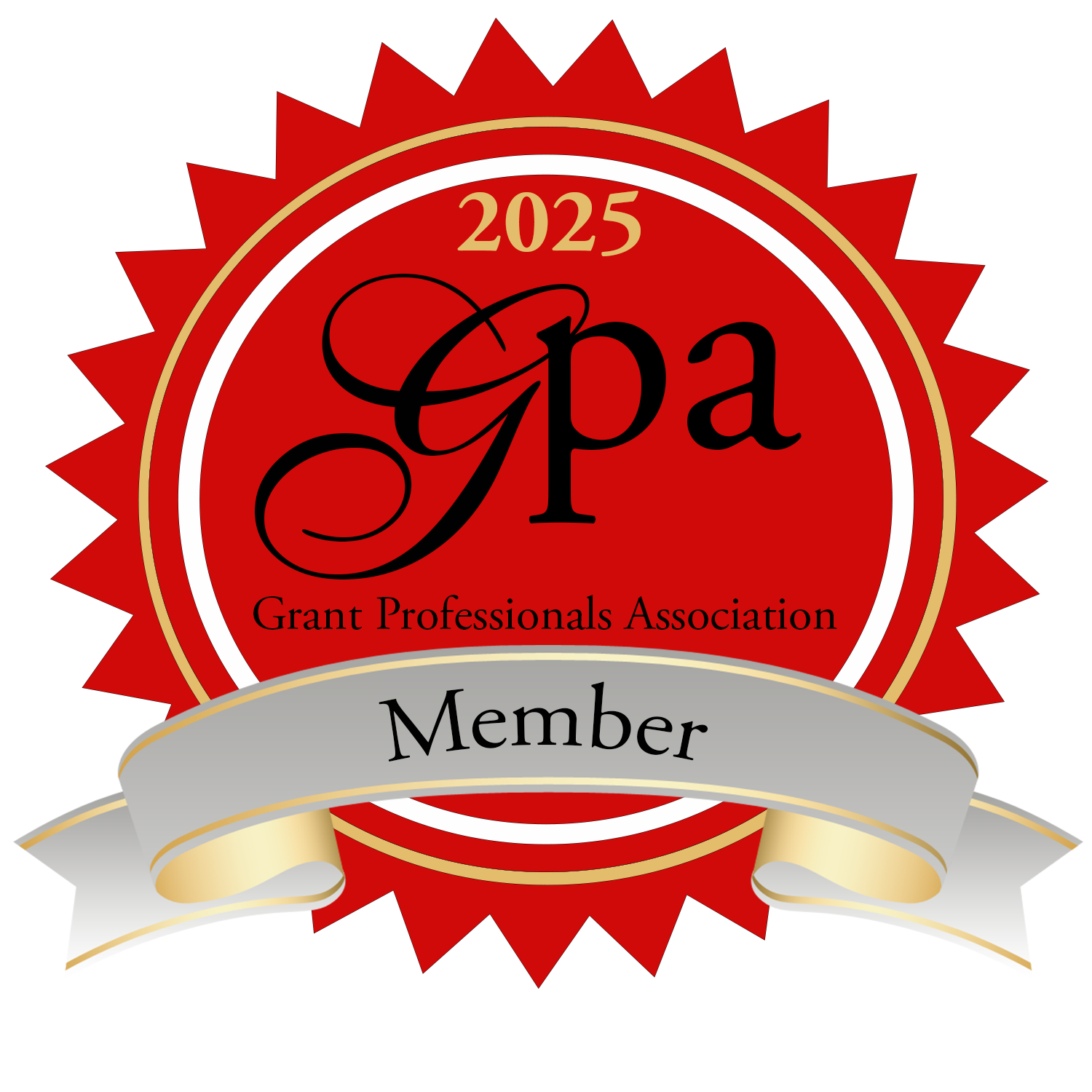 A red, gold, black, and white award badge for the Grant Professionals Association 2025 with a ribbon that reads "Member".