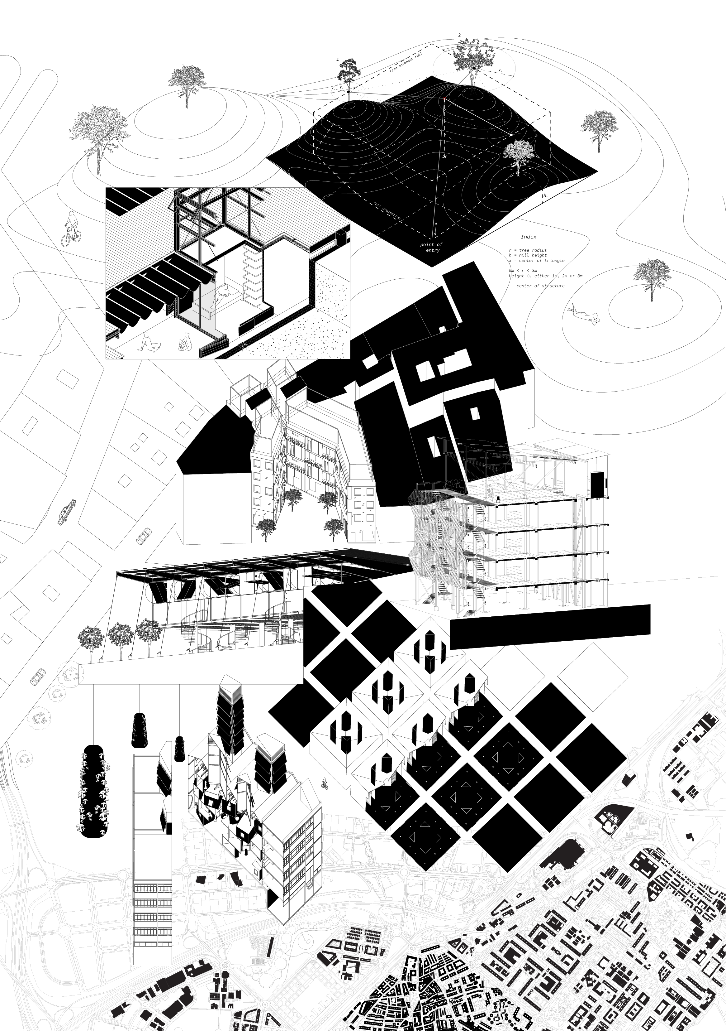 Architectural schematic drawing of a multi-level urban development project with buildings, trees, and landscaping elements.