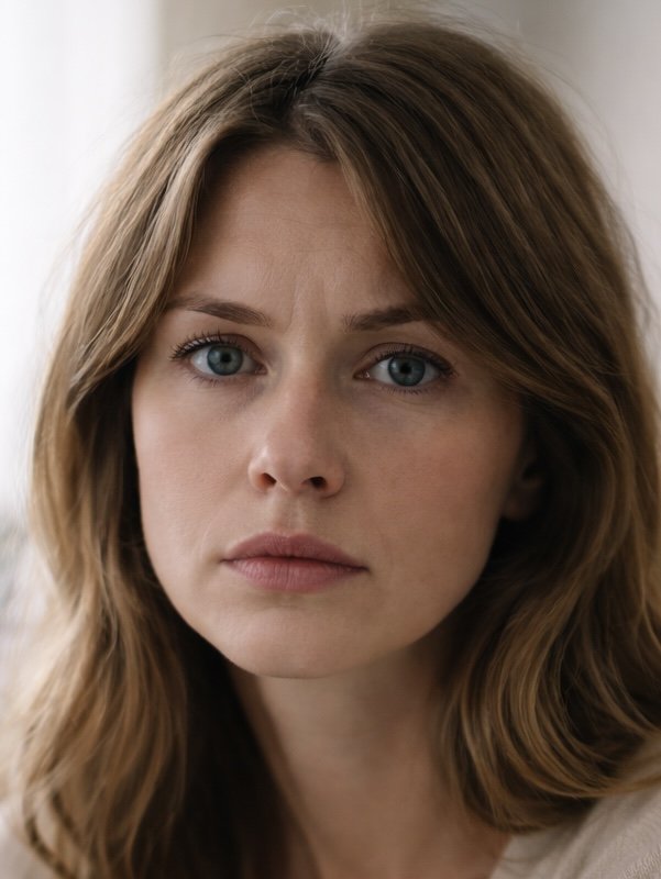 Portrait d'une femme aux cheveux bruns et aux yeux bleus, regardant directement l'appareil photo.