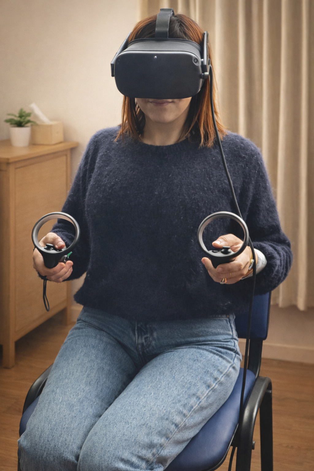 Une femme portant un casque de réalité virtuelle et tenant deux manettes de jeu, assise sur une chaise dans une pièce avec rideaux et meuble en bois.