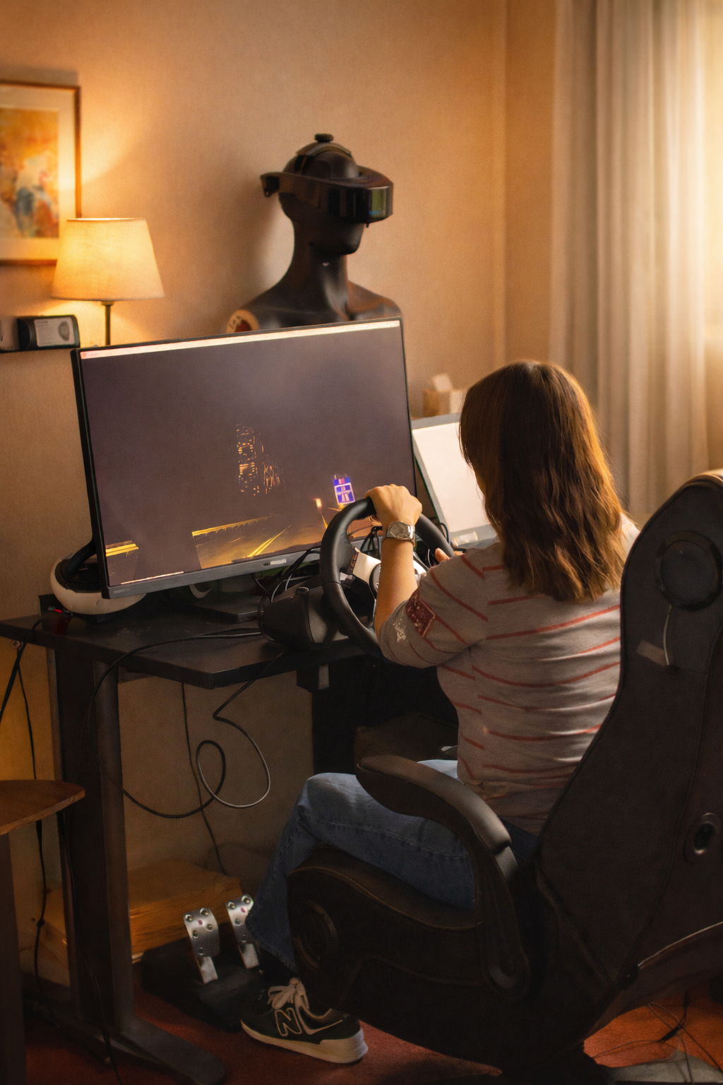 Une femme assise devant deux écrans d'ordinateur, utilisant un volant de conduite, en train de jouer à un jeu vidéo de course. Elle porte une montre, un t-shirt rayé, et des baskets, dans une pièce éclairée par une lampe et la lumière naturelle d'une fenêtre avec des rideaux blancs.