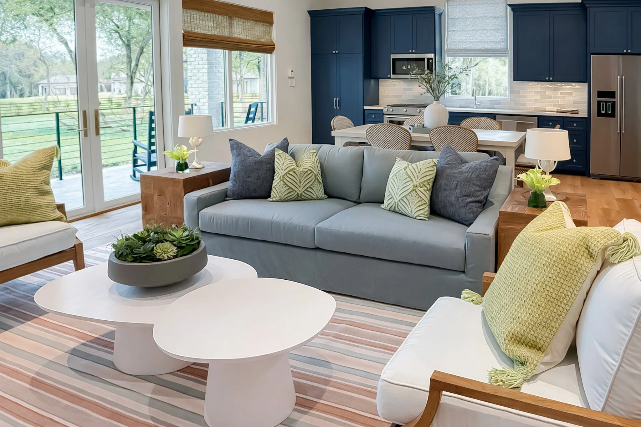 Open-concept living room and kitchen with large windows, blue cabinets, white countertops, a white dining table with wicker chairs, a white sofa with decorative pillows, a coffee table with a plant, and a striped area rug.