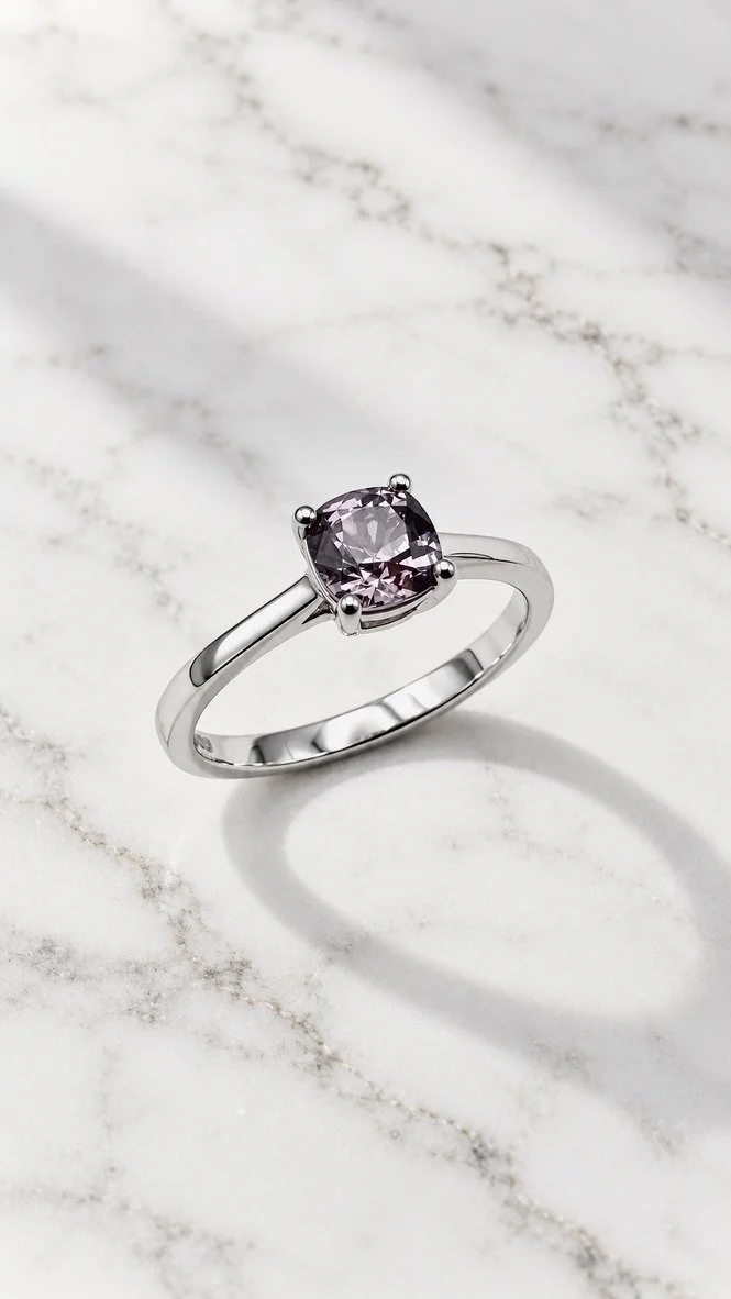 Mauve spinel solitaire ring in 14K white gold, cushion cut natural Burmese spinel, handmade in London