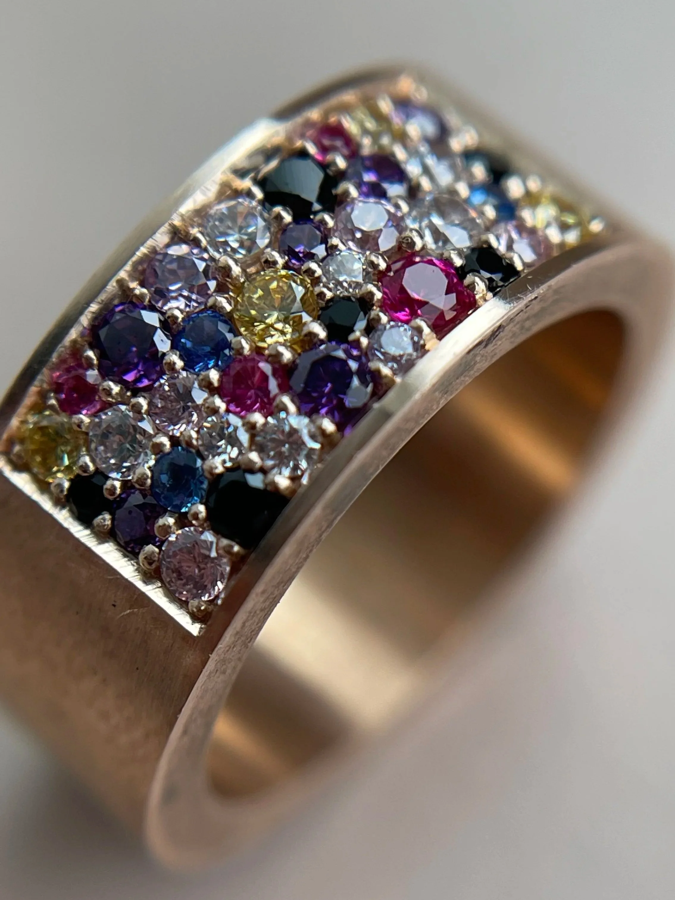 Multi-stone ring with mixed coloured gemstones in 14K gold, custom commission by Gugunava Jewelry London