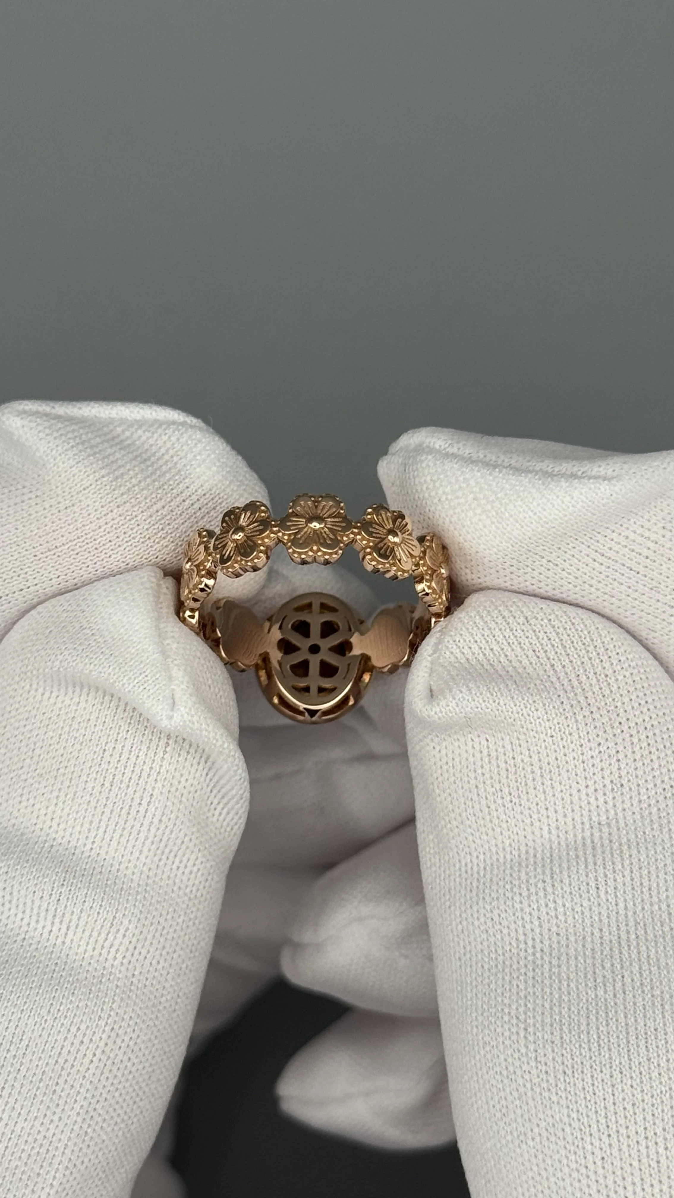 Wildflower Ring showing openwork flower gallery beneath the tiger's eye cabochon — 14K rose gold ring handcrafted in London by Gugunava Jewelry