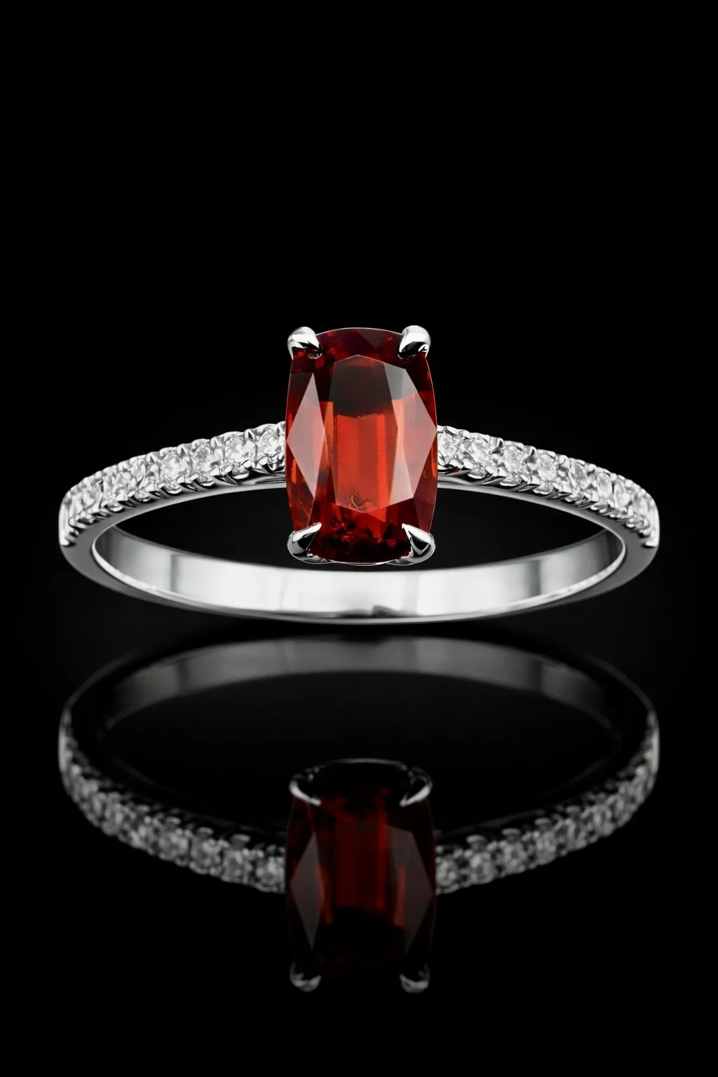 Fire Blossom — 0.88ct natural red spinel, 14K white gold micro-pavé band, handcrafted in London by Gugunava Jewelry