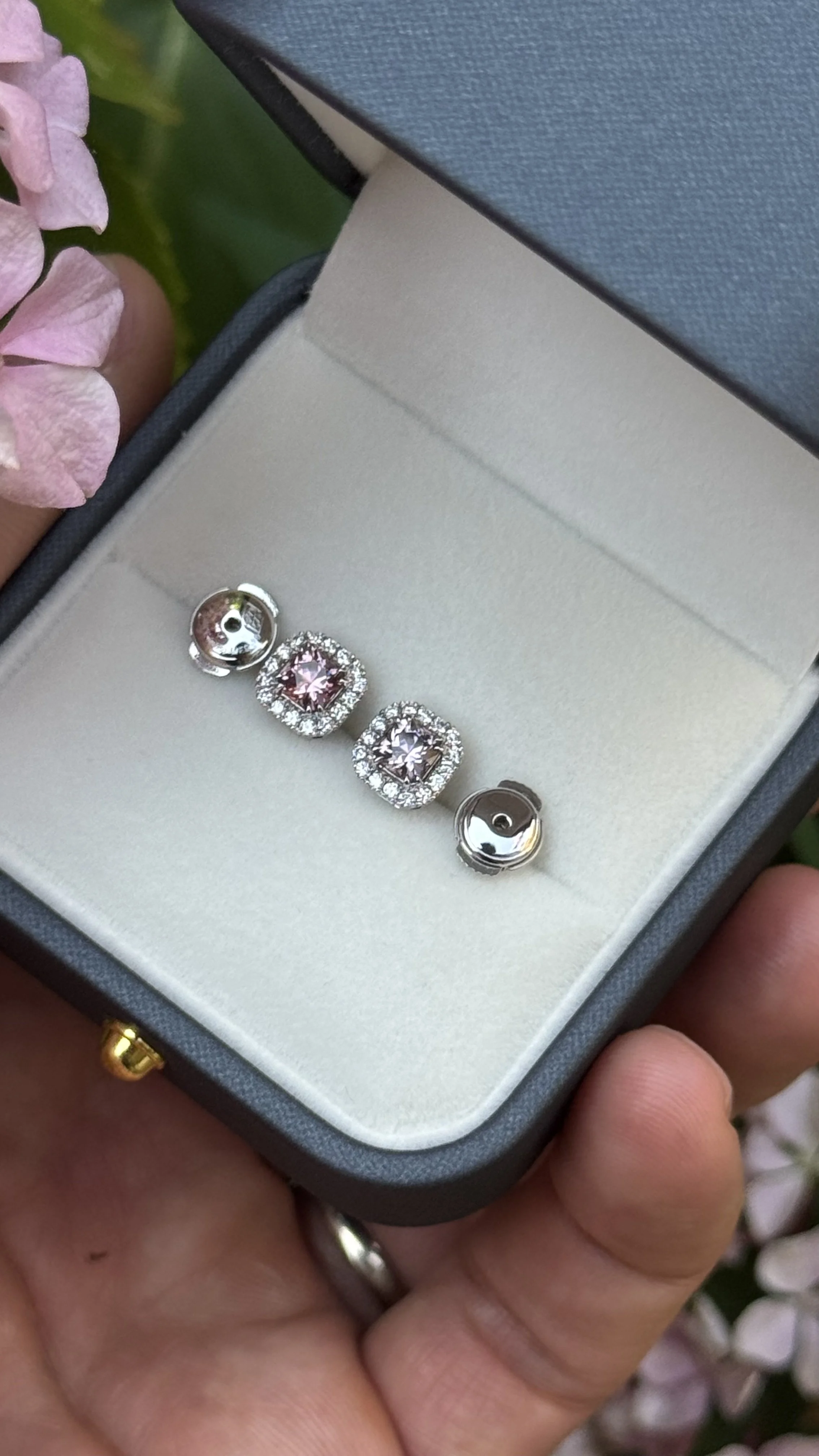 Radiant Halo Studs in jewellery box with French Alpa screw backs — Burma spinel and diamond earrings in 18K white gold, Gugunava Jewelry London