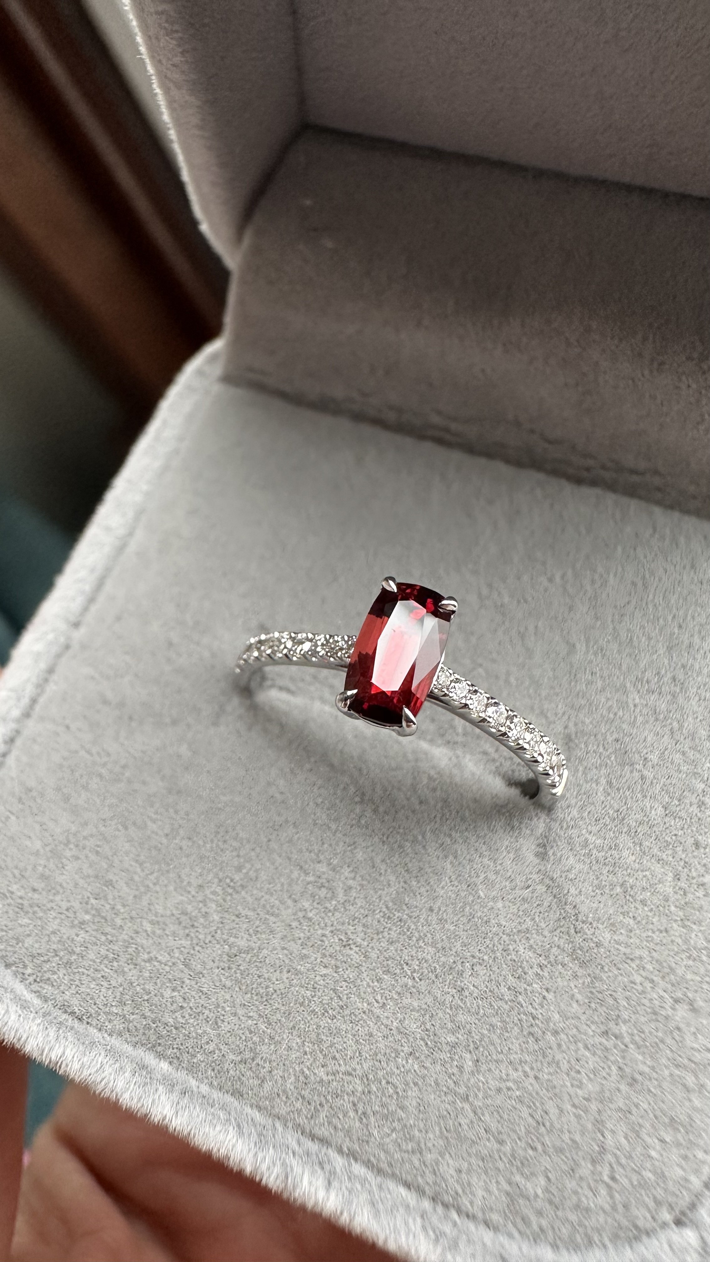 Fire Blossom side view — 14K white gold band with red spinel and lab diamond pavé setting, Gugunava Jewelry