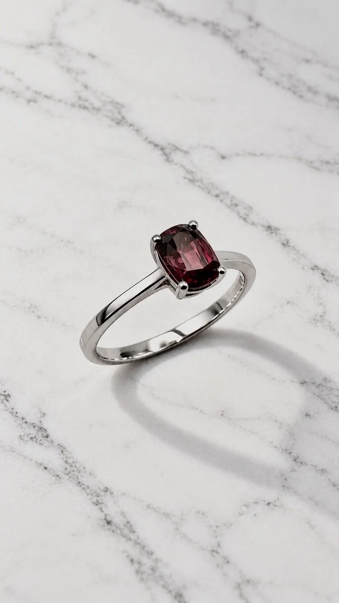 Red spinel solitaire ring in 14K white gold, cushion cut natural Burmese spinel, handmade in London