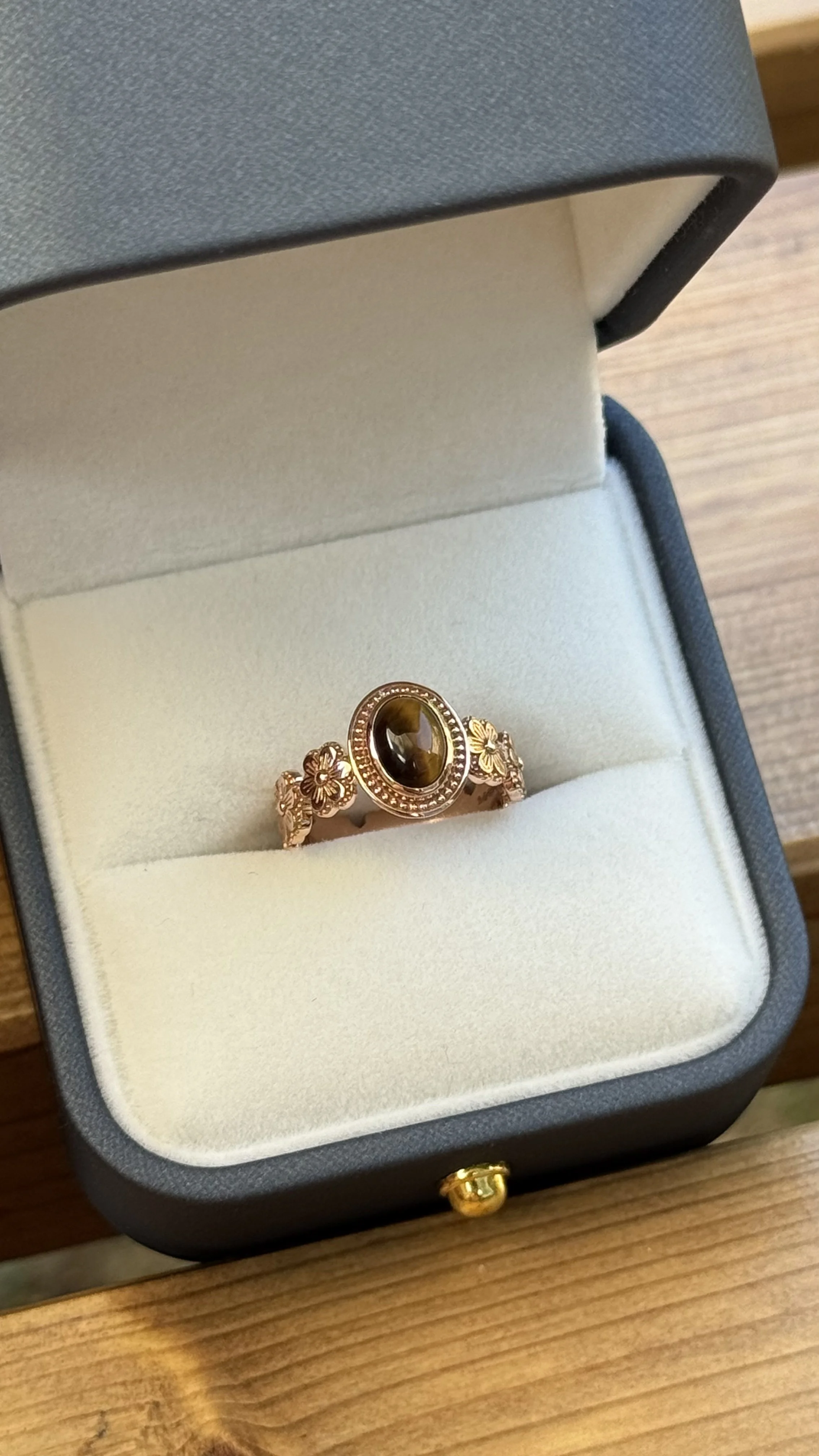 Wildflower Ring in presentation box — tiger's eye and 14K rose gold ring with floral band, made to order by Gugunava Jewelry London