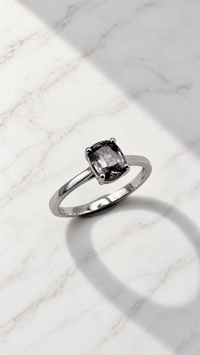Dark blue grey spinel solitaire ring in 14K white gold, elongated cushion cut, handmade in London