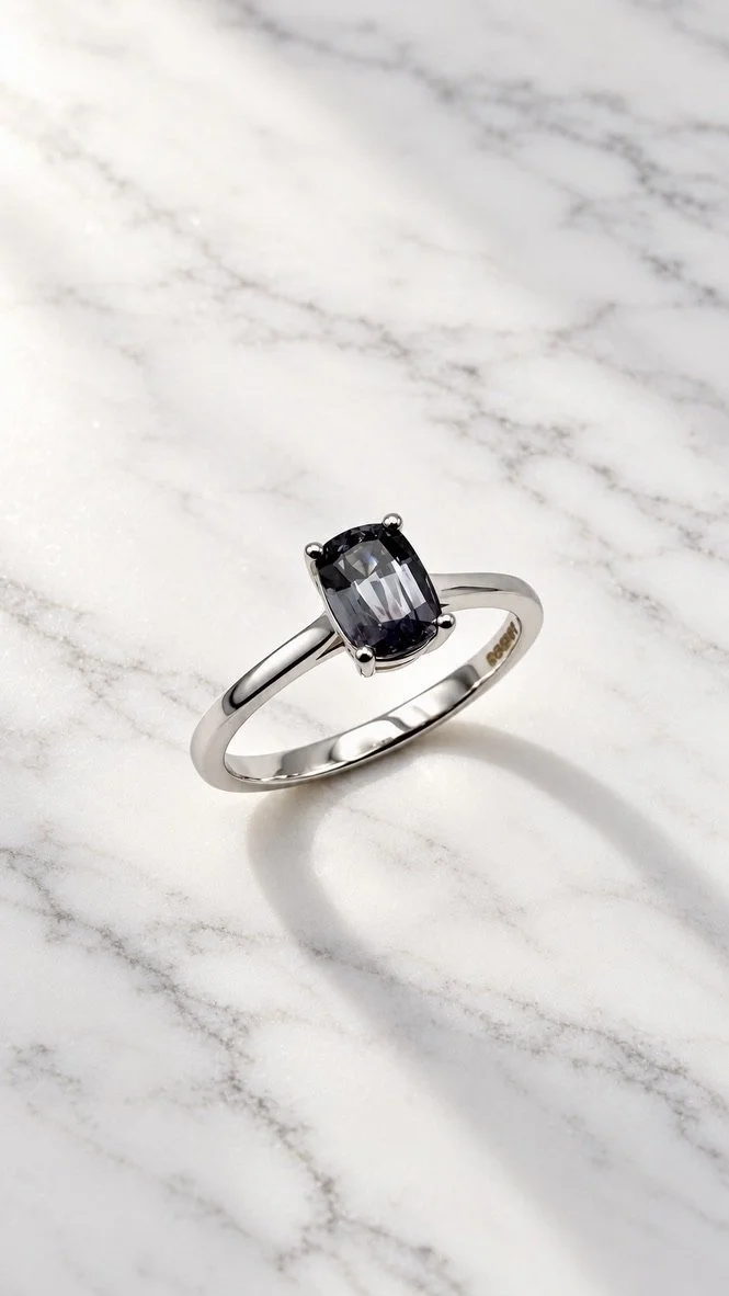 Blue violet spinel solitaire ring in 14K white gold, elongated cushion cut, handmade in London
