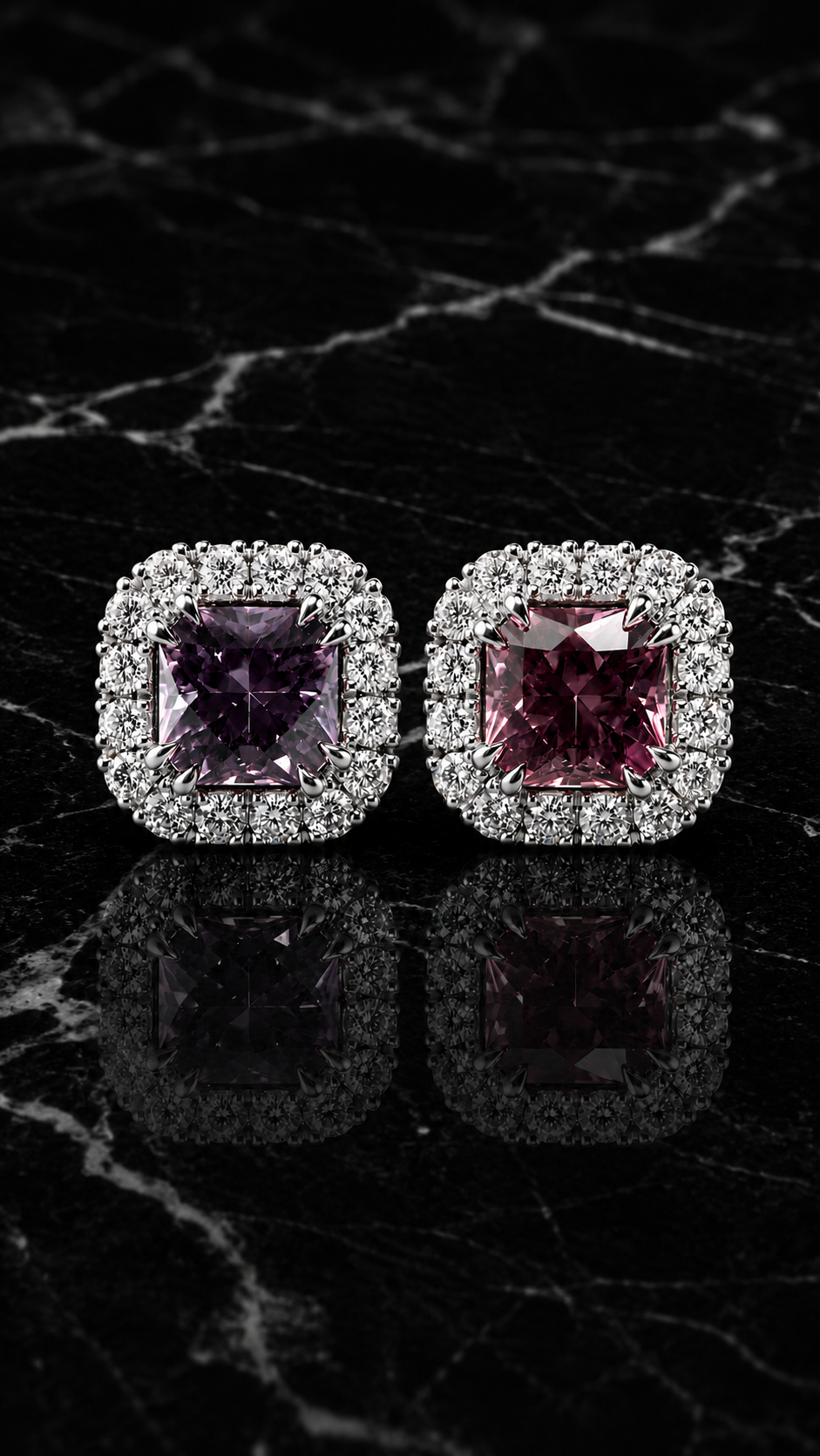 Radiant Halo Studs on black marble — natural Burma spinel and diamond halo stud earrings in 18K white gold, handcrafted in London by Gugunava Jewelry